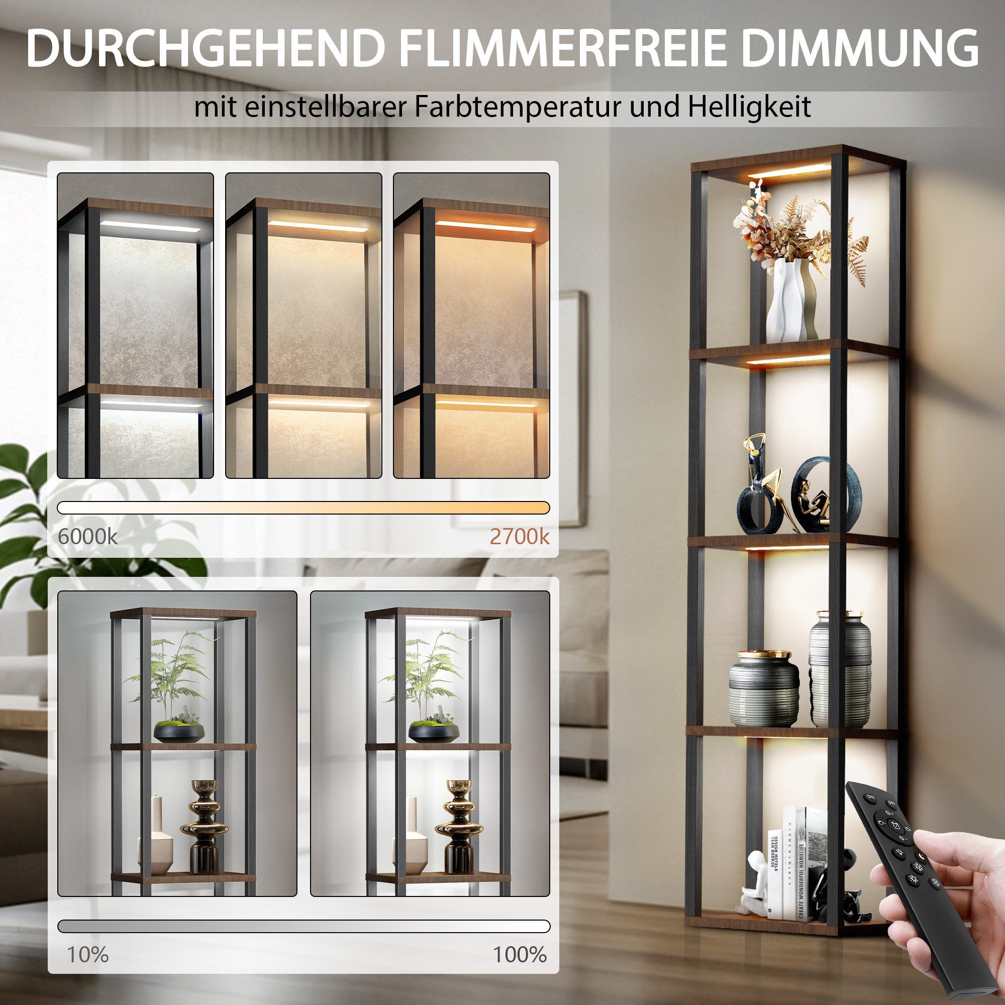 XIIW Stauraumvitrine 5 Etagen LED Standvitrine Standregal Bücherregal Vitrine 38×27×164 cm (Vitrinenschrank mit MDF-Regalen, Fußschalter und Fernbedienung) für  – Bild 3 von 5