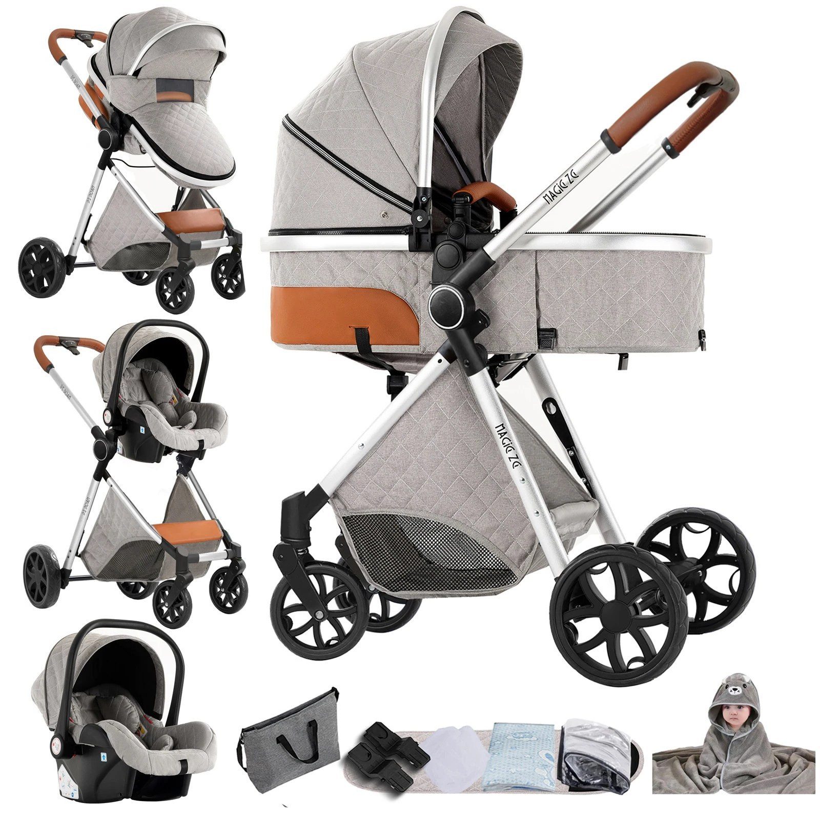 TPFFamily Kombi-Kinderwagen, Moskitonetz Regenschutz Kinderwagen 3 in 1 inkl. Zubehörset
