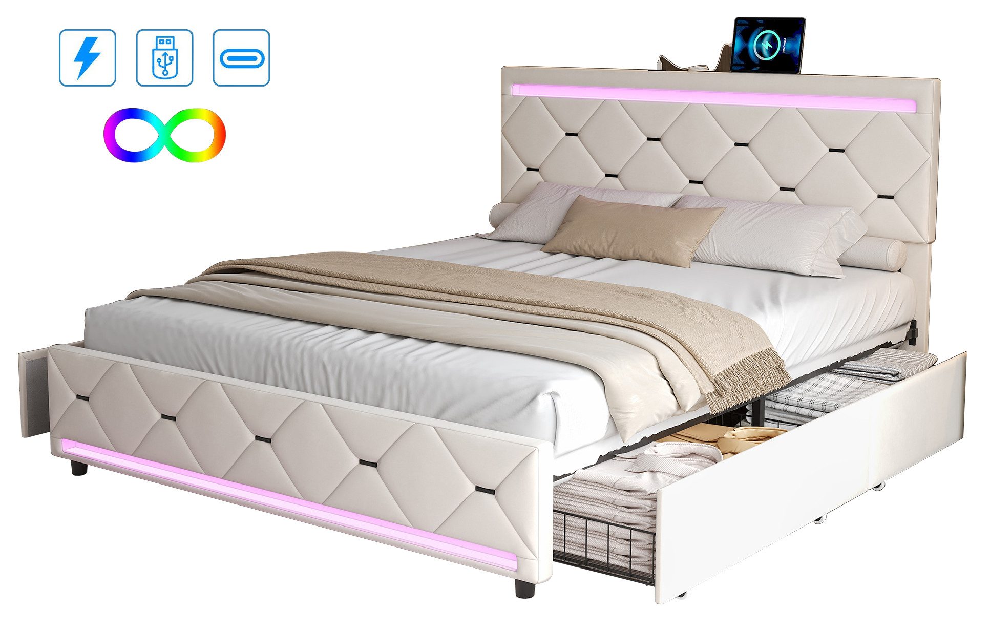 FUROKOY Stauraumbett Doppelbett Polsterbett mit 4 günstig online kaufen