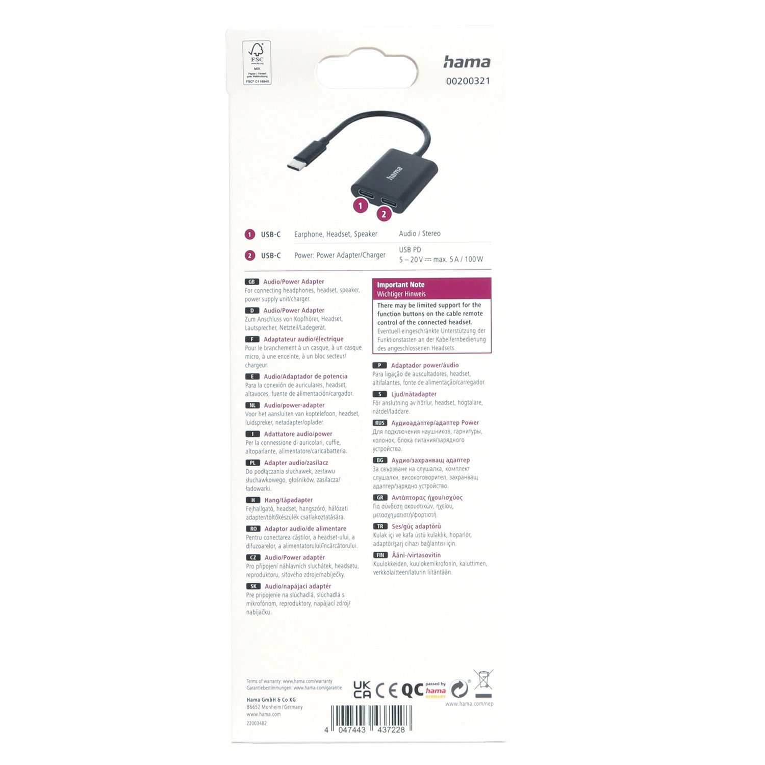Hama 2in1 Audio-Adapter USB-C auf 2x USB-C USB-Kabel, USB-C + Ladebuchse Strom für Handy Smartphone Tablet PC Notebook
