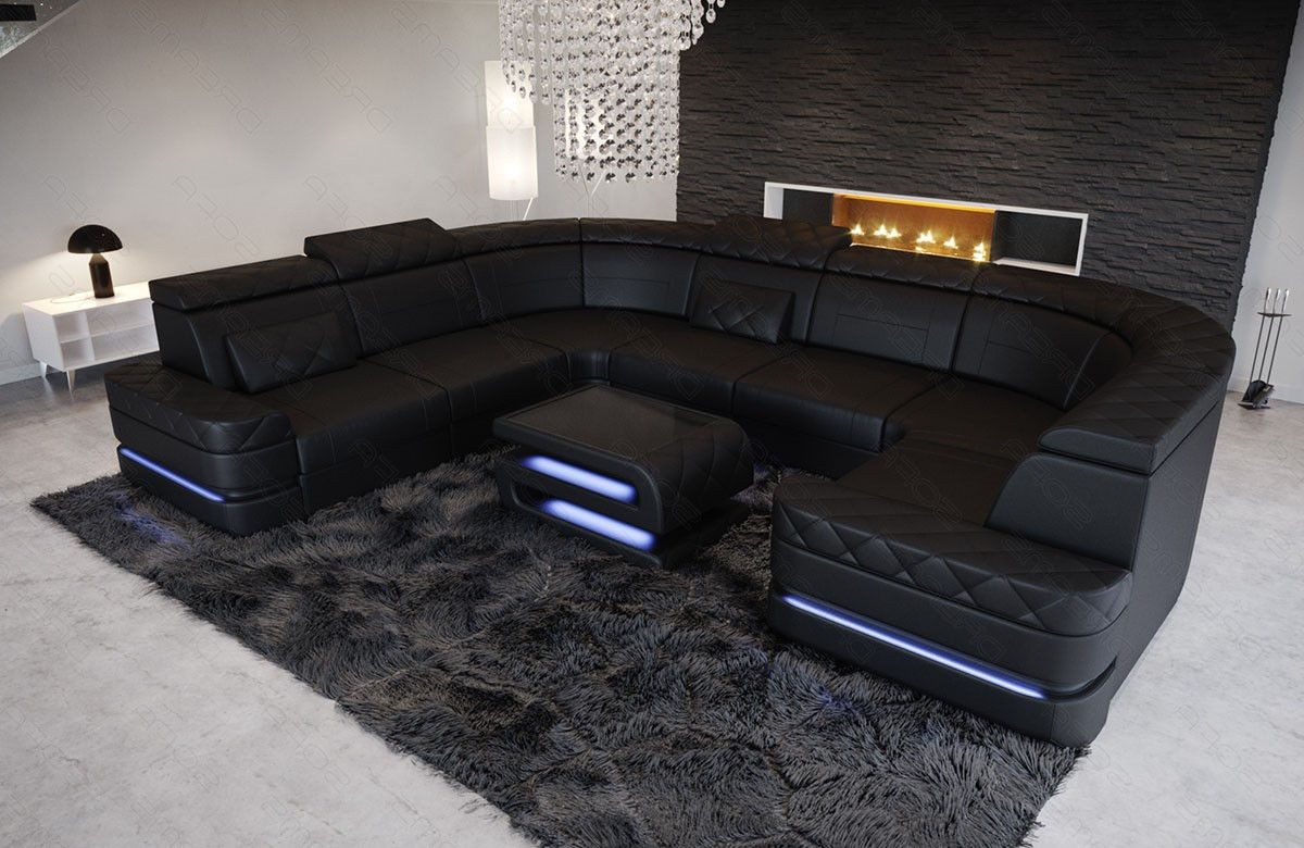 Sofa Dreams Wohnlandschaft Ledersofa Positano u Form Mini, Designersiofa, Sofa mit Beleuchtung