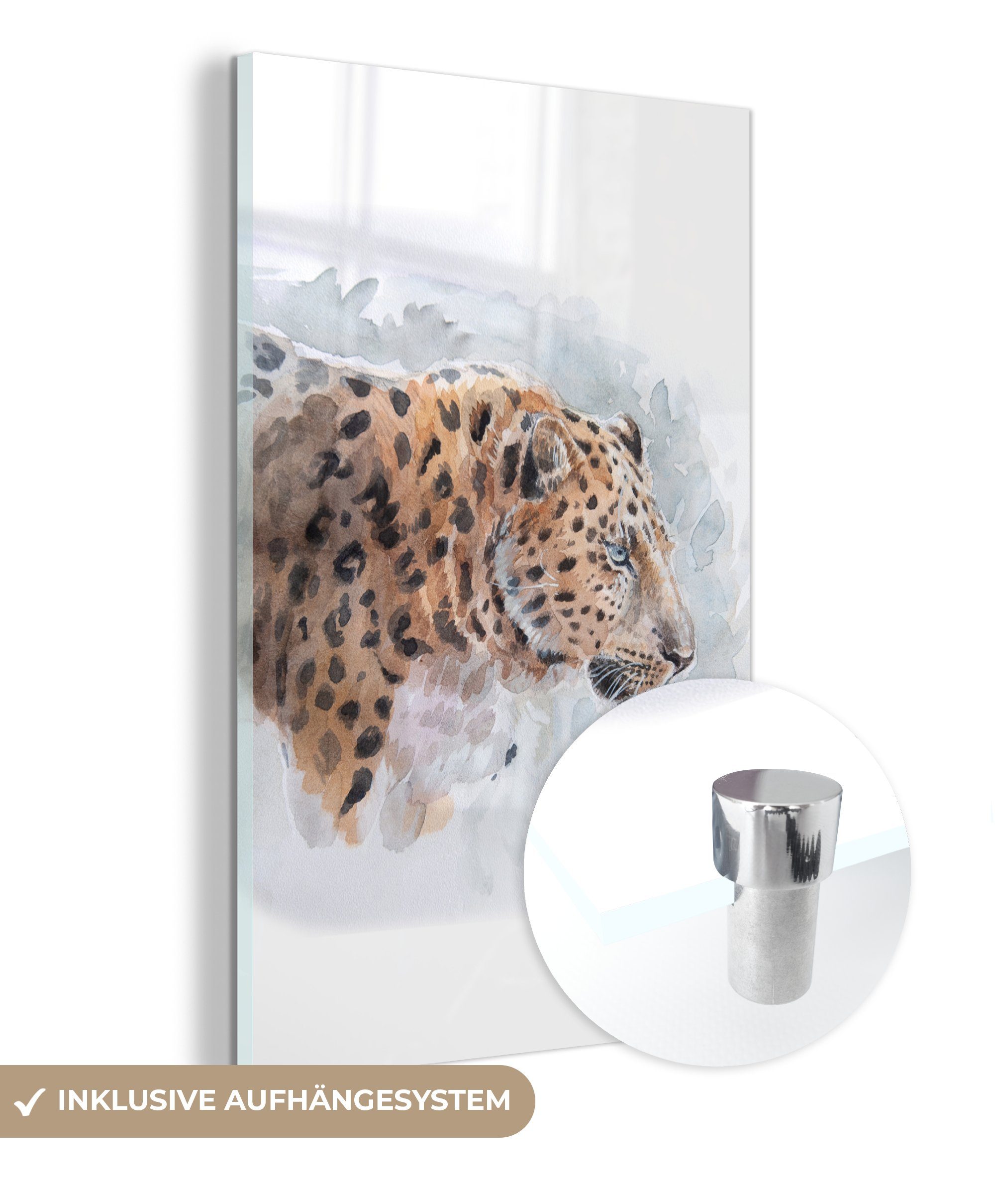 Wandbild Bilder - Acrylglasbild - - Tiere, - Foto MuchoWow Aquarell auf (1 Leopard Glas Glas - auf Wanddekoration St), Glasbilder