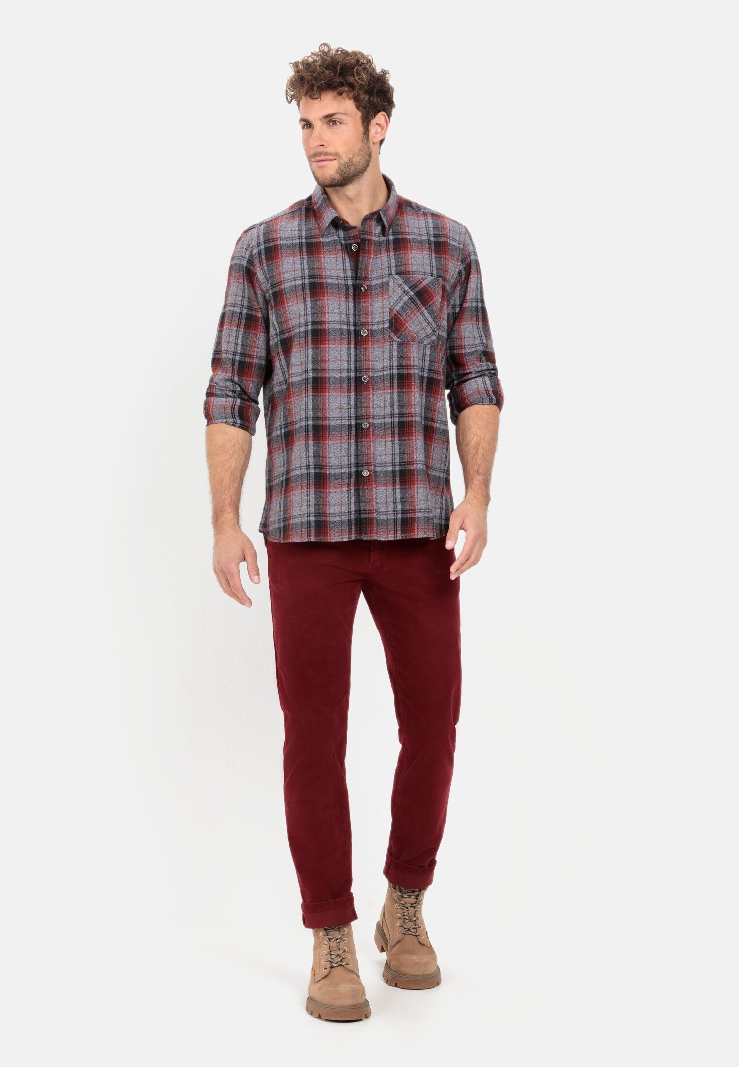 camel active Karohemd aus reiner Baumwolle Langarm Kentkragen Kentkragen