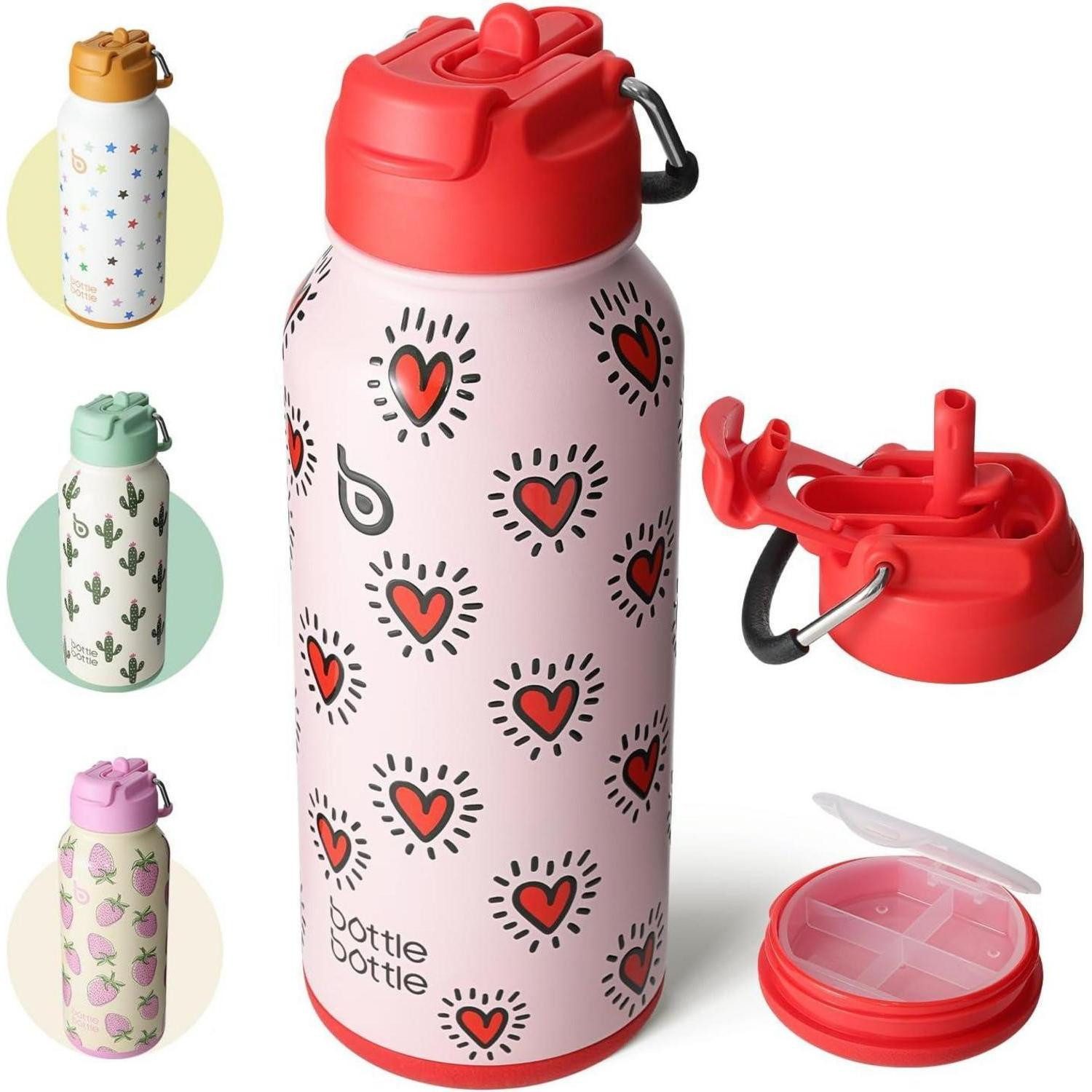 LuxusKollektion Trinkflasche Trinkflasche Edelstahl 1L Auslaufsicher Strohhalm BPAfrei Herzschlag