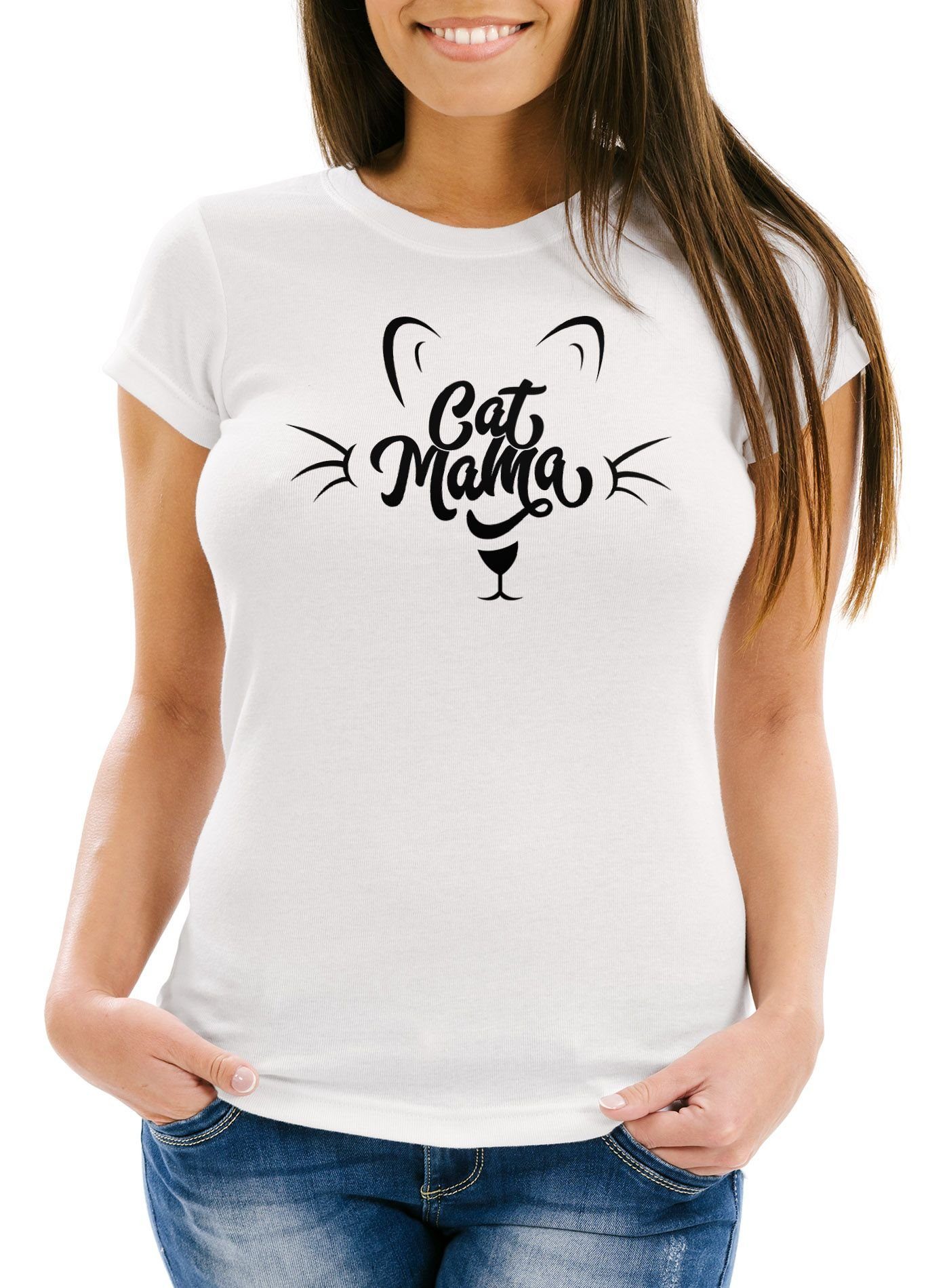 MoonWorks Print-Shirt Damen T-Shirt katze Cat Mama Slim Fit Moonworks® mit Print weiß