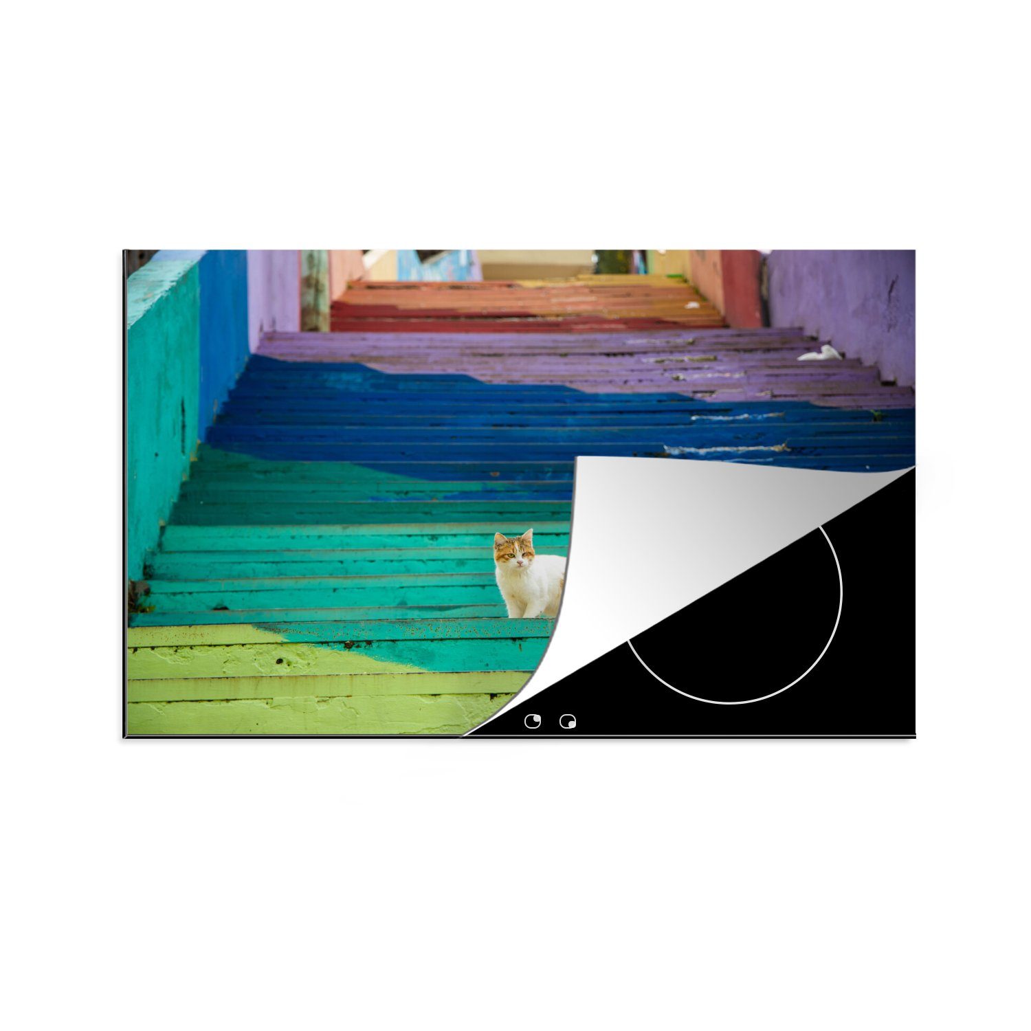 MuchoWow Herdblende-/Abdeckplatte Treppe mit Regenbogenfarben in Jordanien, Vinyl, (1 tlg), 81x52 cm, Induktionskochfeld Schutz für die küche, Ceranfeldabdeckung