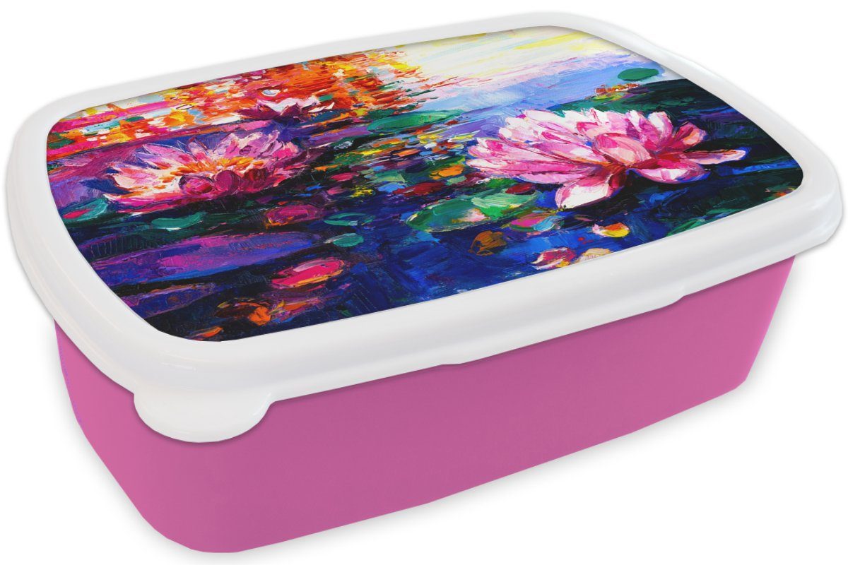 - Brotbox Wasser, Lunchbox Seerose Erwachsene, Kunststoff - Kinder, Kunststoff, für MuchoWow Öl rosa Mädchen, (2-tlg), Gemälde - Snackbox, Brotdose