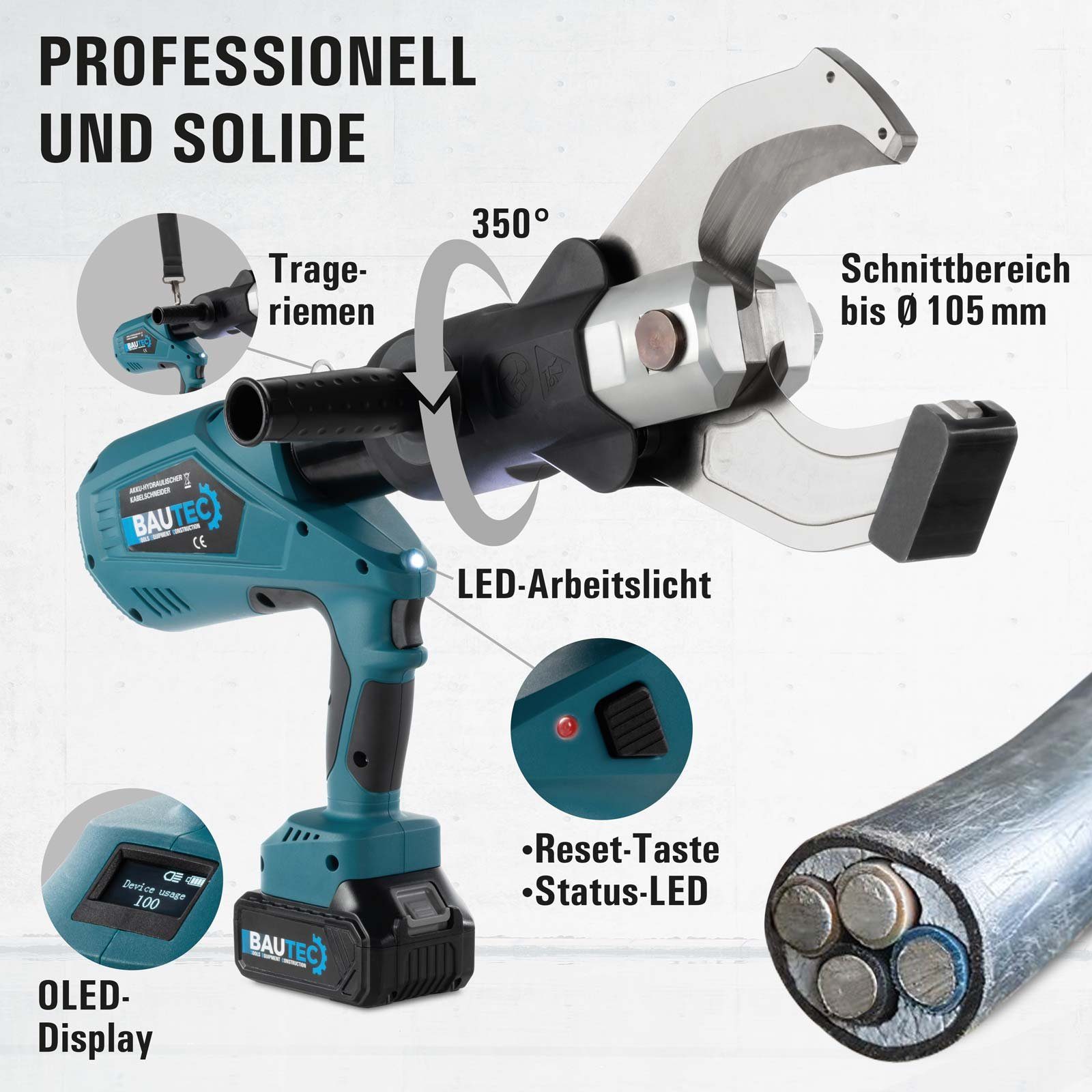 Thumbnail - BAUTEC Kabelschere Akku-Kabelschneider für Cu/Al-Kabel bis ∅ 105mm » 140 kN » 2 Akkus, (Komplett-Set, 7-tlg)
