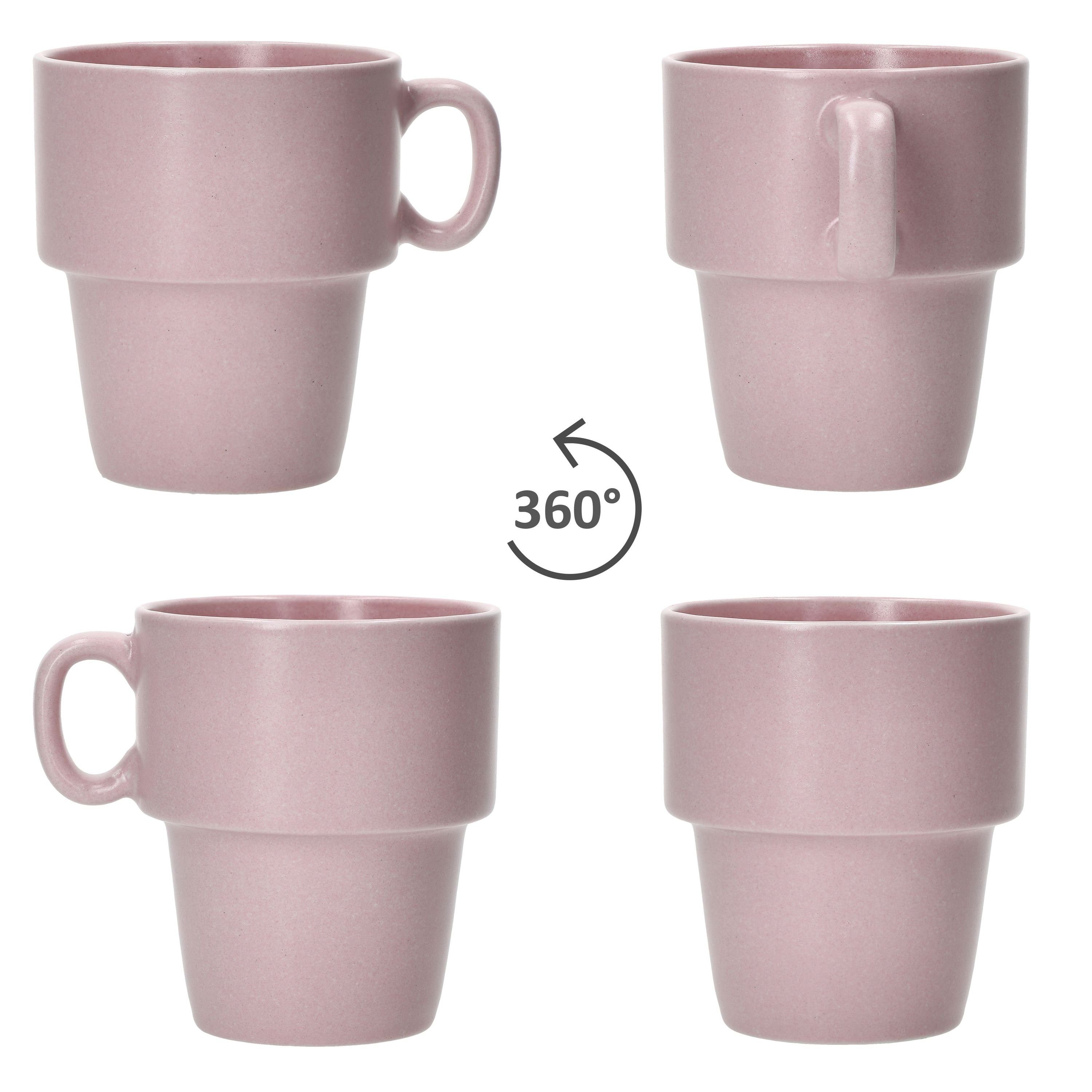 MamboCat Becher 6er Set Kaffeebecher stapelbar, Porzellan rosa mit 250ml Porzellan Stata Ständer