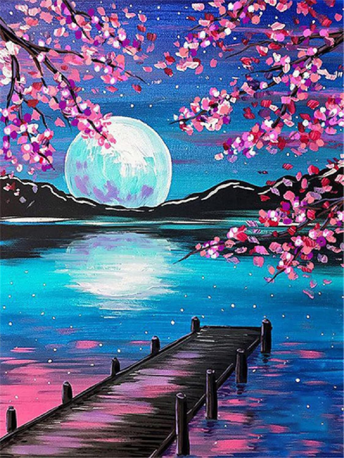 Lilingyu Malen nach Zahlen 5D Diamant Painting Set für kreative DIY-Dekoration Mond See (DIY Diamant Painting Set für kreative Bastelprojekte., Inklusive HD-Leinwand (40x30 cm), runden Diamanten, Klebestift), Hohe Haftung, langlebig, brilliante Diamanten,