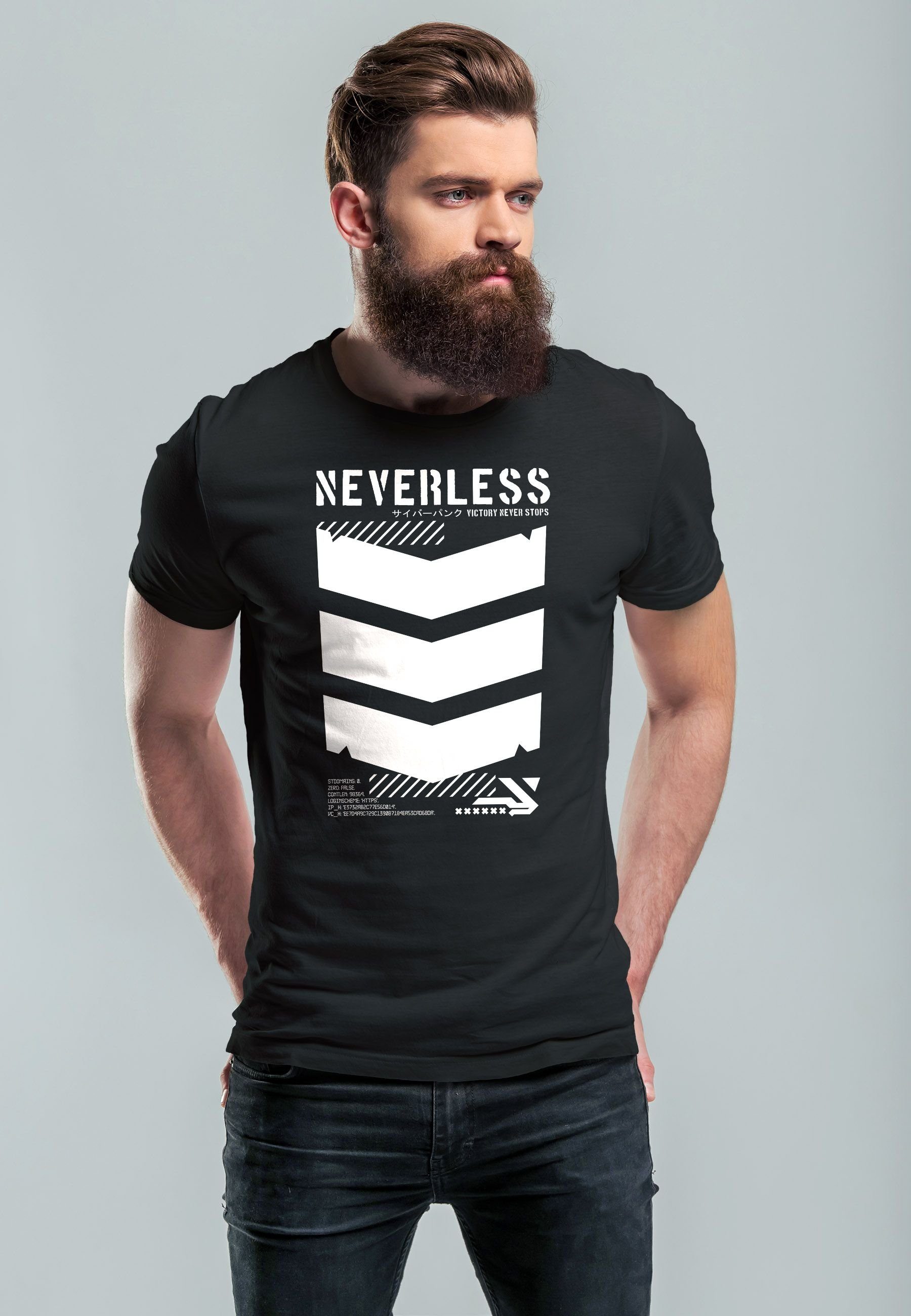 Neverless schwarz mit Military Motive Trend Streetstyle Print Print-Shirt Fas Herren Japanese Techwear T-Shirt