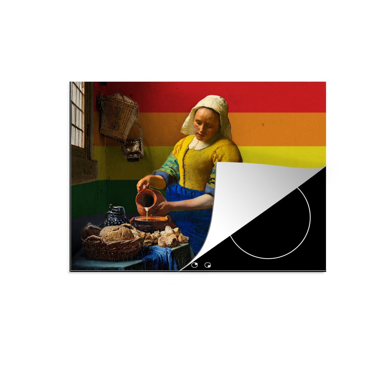 MuchoWow Herdblende-/Abdeckplatte Vermeer - Milchmädchen - Regenbogen, Vinyl, (1 tlg), 71x52 cm, Induktionskochfeld Schutz für die küche, Ceranfeldabdeckung