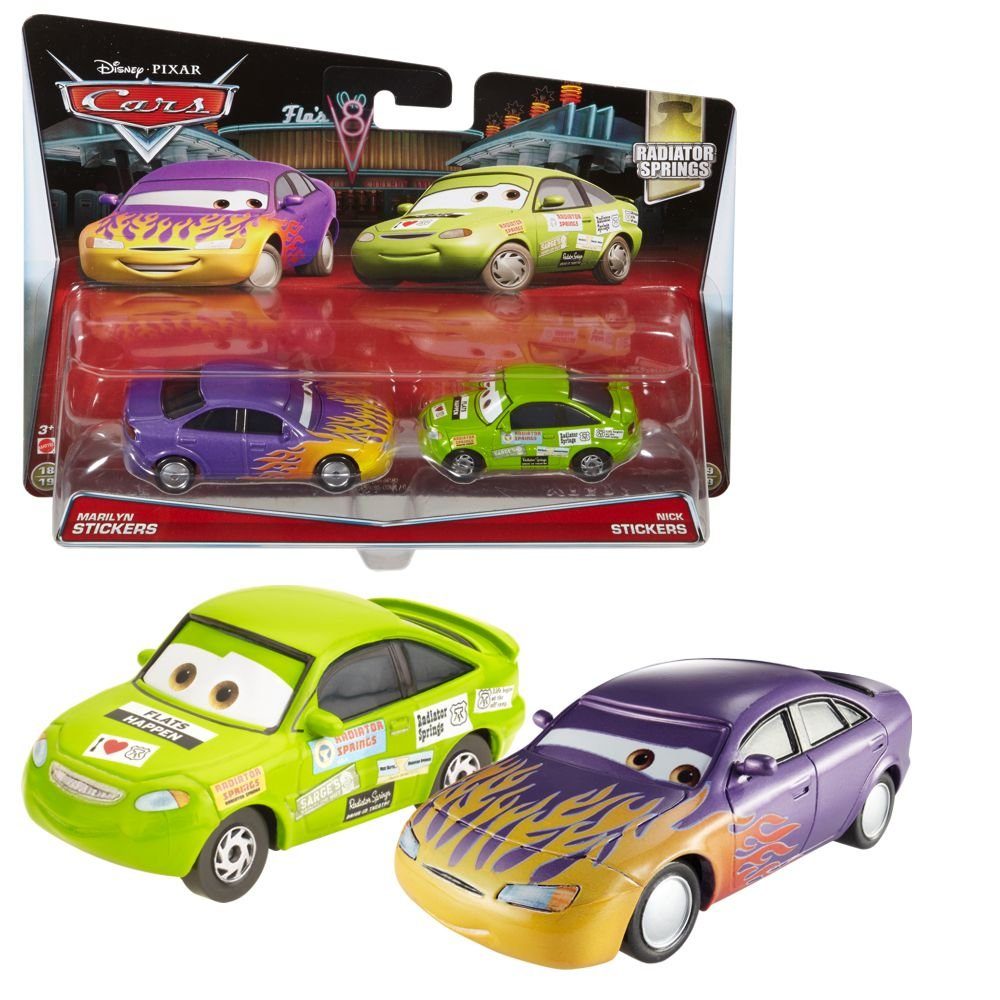Die Cars & Doppelpack 1:55 Stickers Modelle Spielzeug-Rennwagen Cars Cast Marilyn Disney Disney Auswahl Nick Fahrzeug