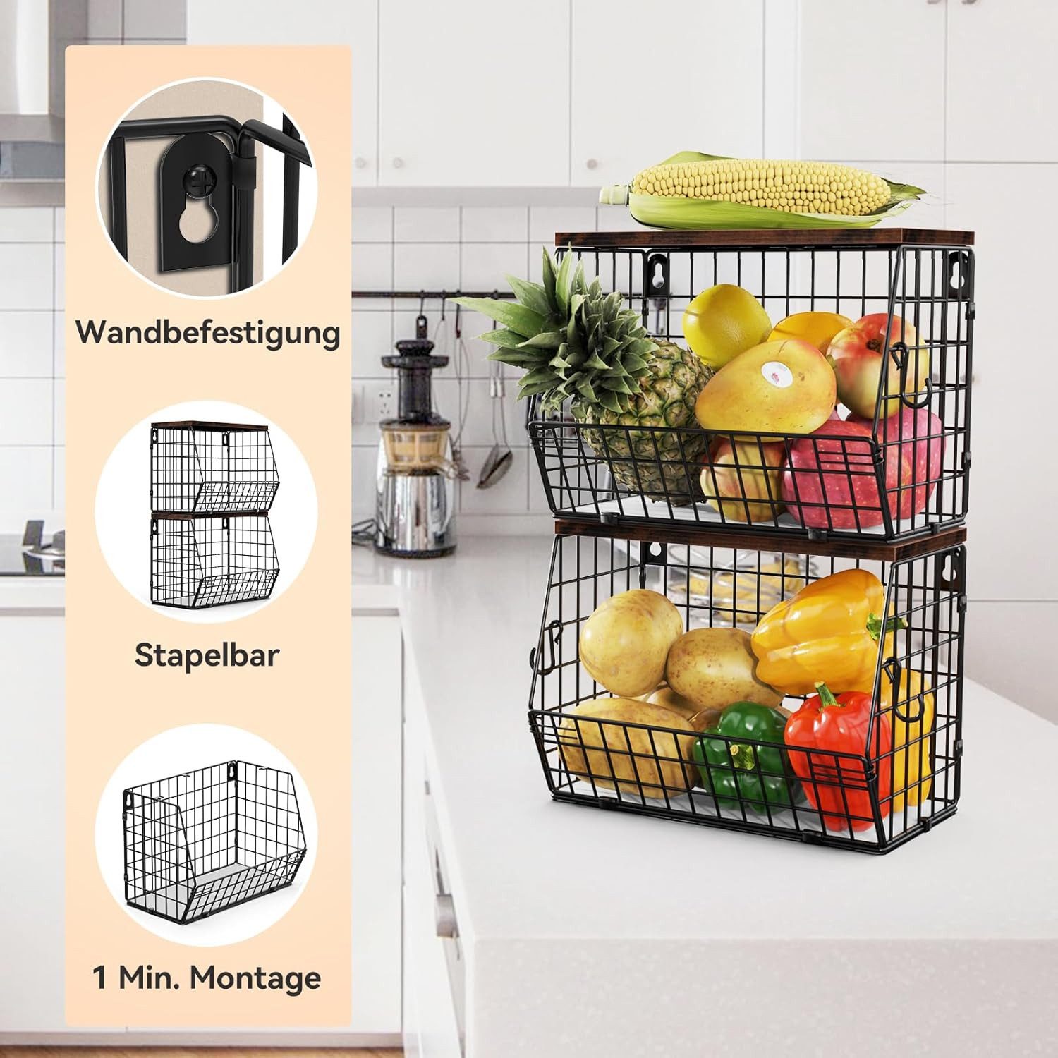 BlingBin Obstschale 2-tlg Hängender Obstkorb mit Holzdeckel, Wandkorb Küchenorganisator, Kohlenstoffstahl, hochwertiges Holz, (2 Stück, 2-tlg), Stapelbar Gemüsekorb mit 4 Haken für Obst Aufbewahren und Gemüse