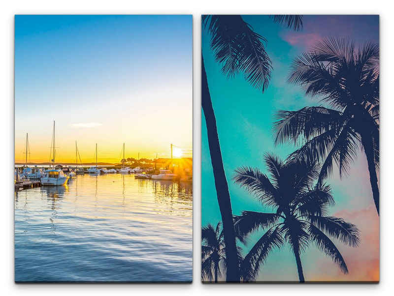 Sinus Art Leinwandbild 2 Bilder je 60x90cm Florida Miami Palmen Hafen Boote Sommer Paradies
