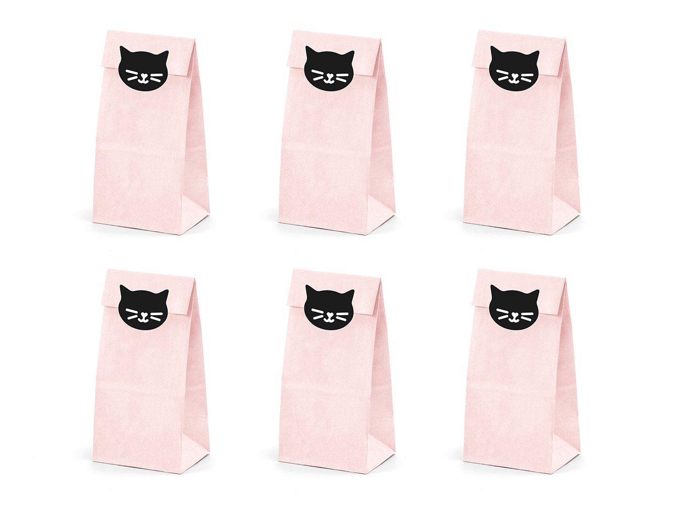 partydeco Papierdekoration, Papiertüten mit Katzen Aufklebern 6er Set rosa schwarz