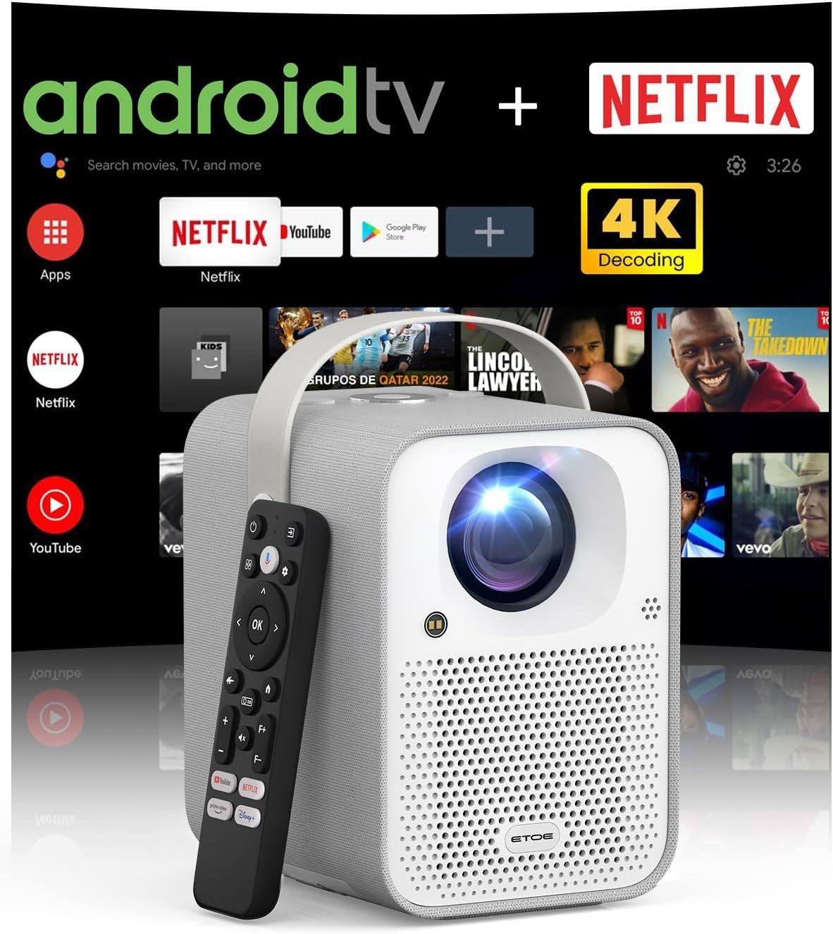 ETOE 500 ANSI-Lumen Android 11.0 4K Unterstützter Videoprojektor mit ESPN Portabler Projektor (500 lm, 1080P px, Prime Video, YouTube, 5G Wi-Fi & Bluetooth, Kompatibel mit iOS/Android)