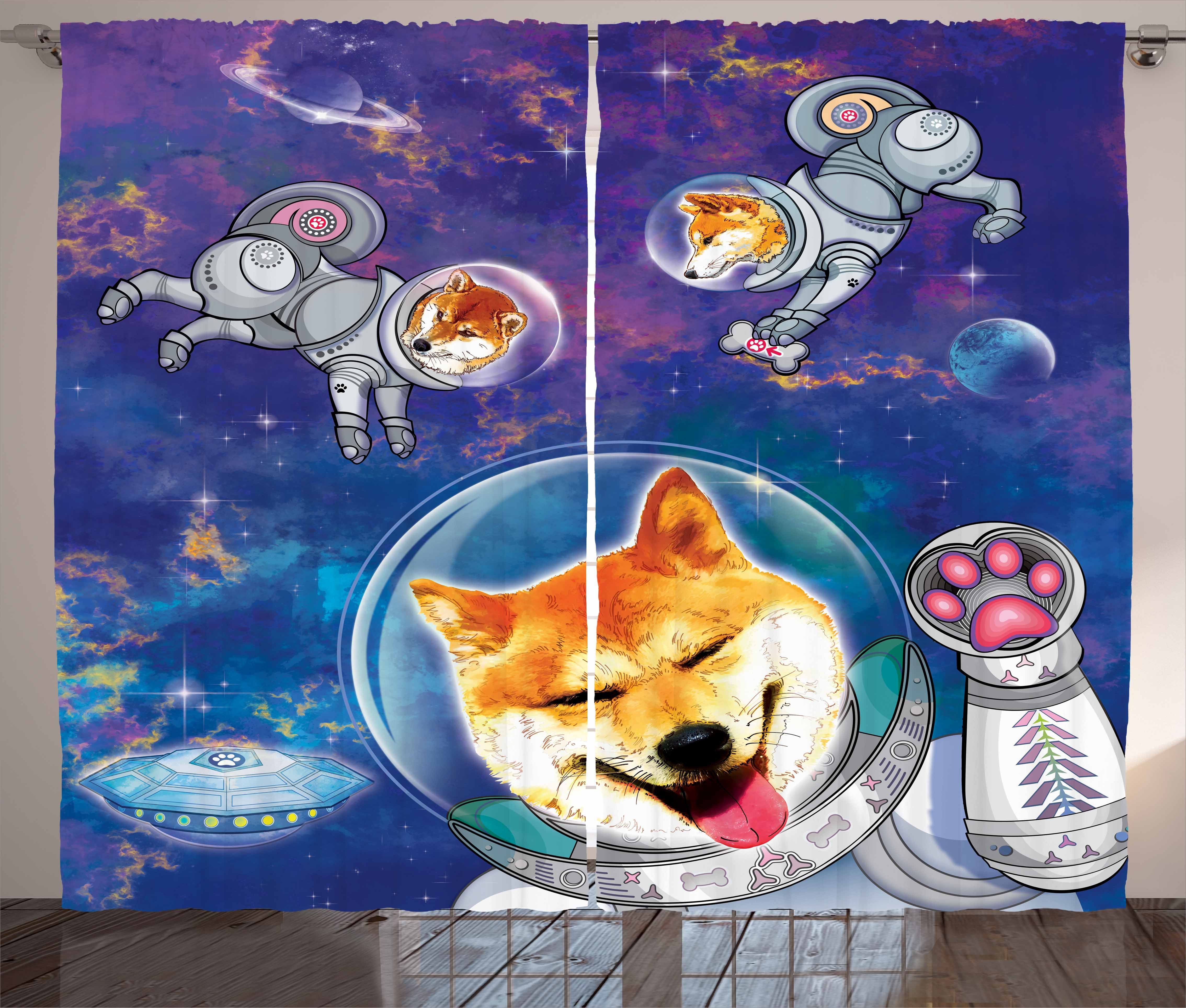 Gardine Schlafzimmer Kräuselband Vorhang mit Schlaufen und Haken, Abakuhaus, Hund Astronaut Shibas im Weltraum