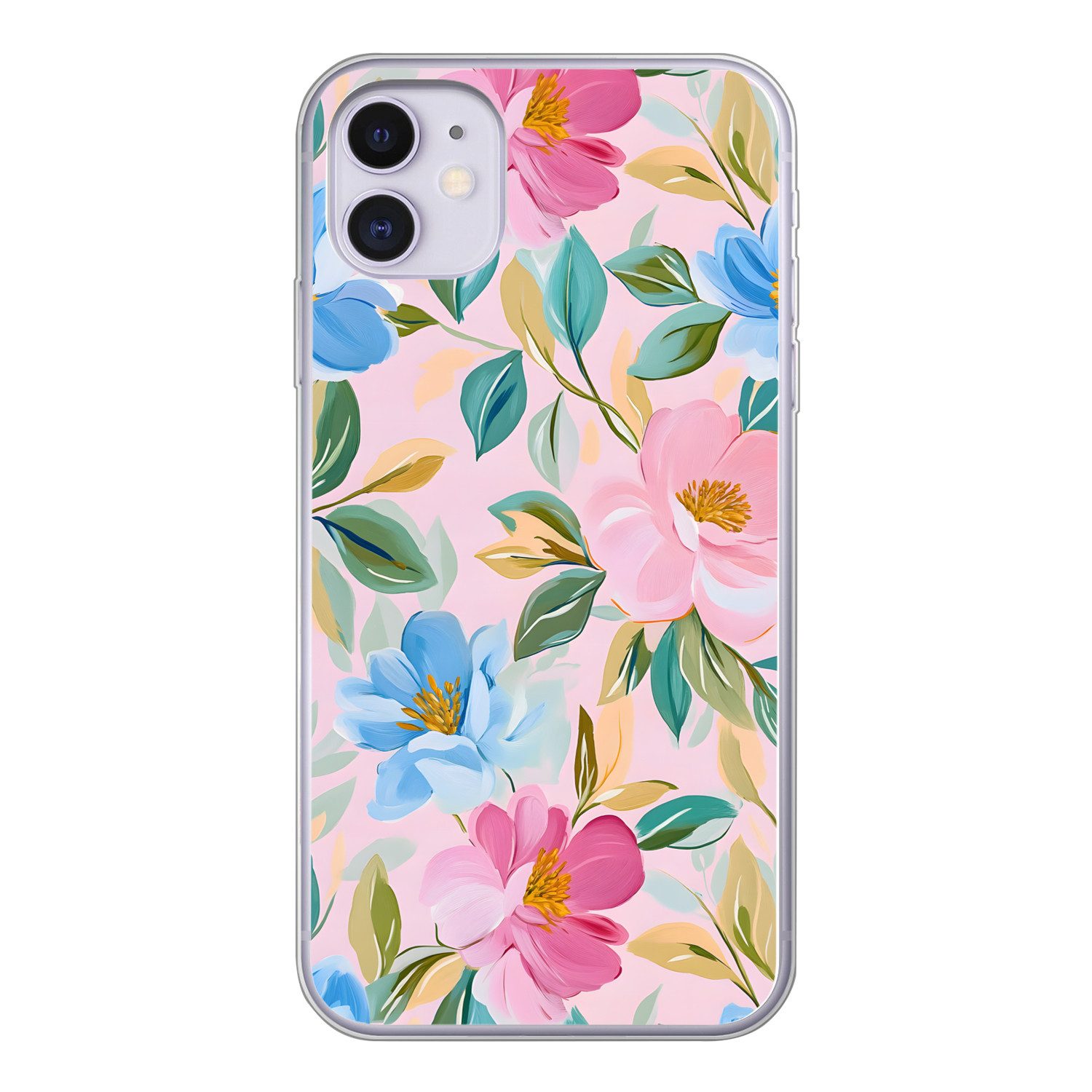 MuchoWow Handyhülle für Apple iPhone 11 Blau - Rosa - Blumen, Smartphone-Bumper, Print, Handy Schutzhülle Dünn