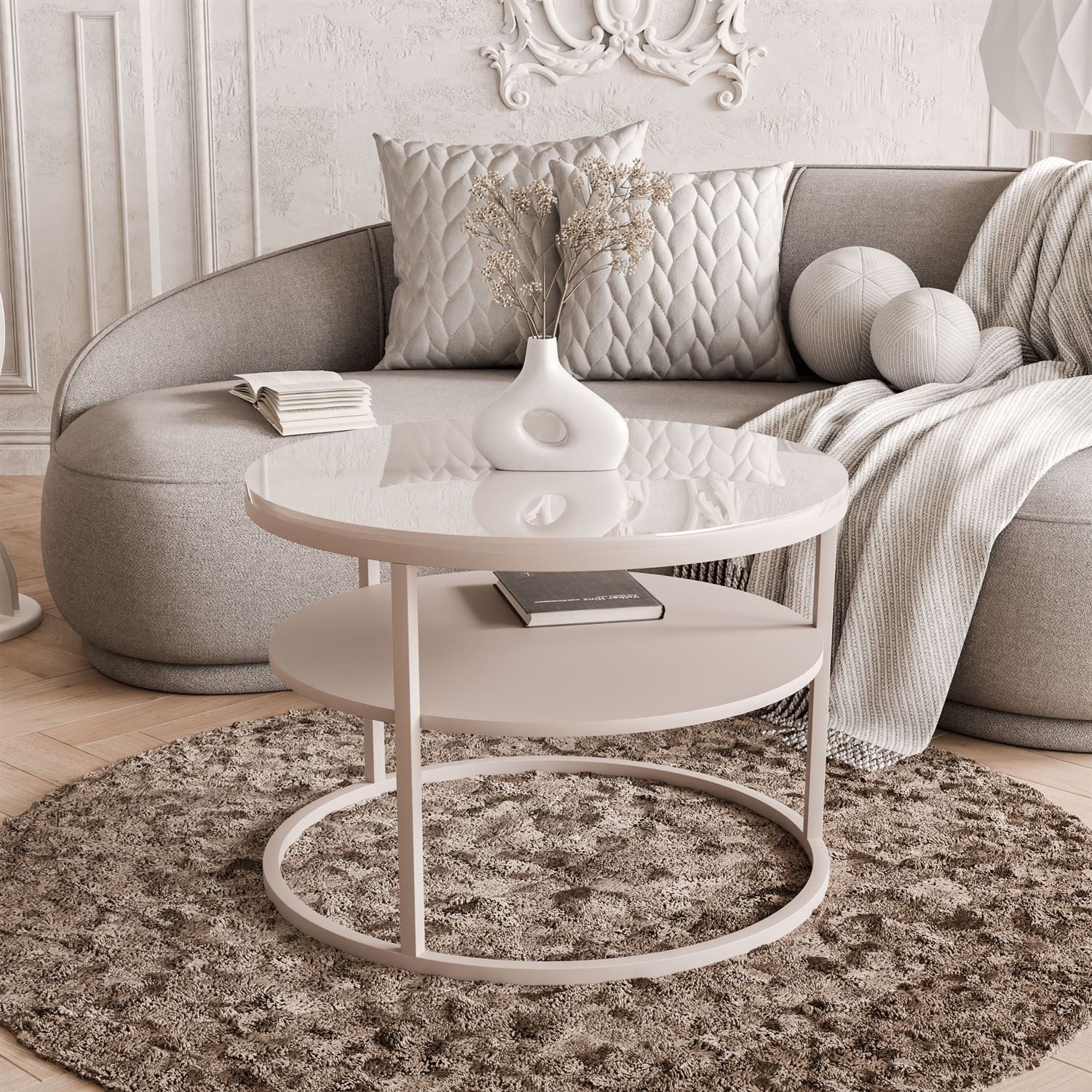 Lookway Couchtisch CIRI Kaschmir Hochglanz mit Ablage (1 Tisch), Durchmesser: ⌀70 cm