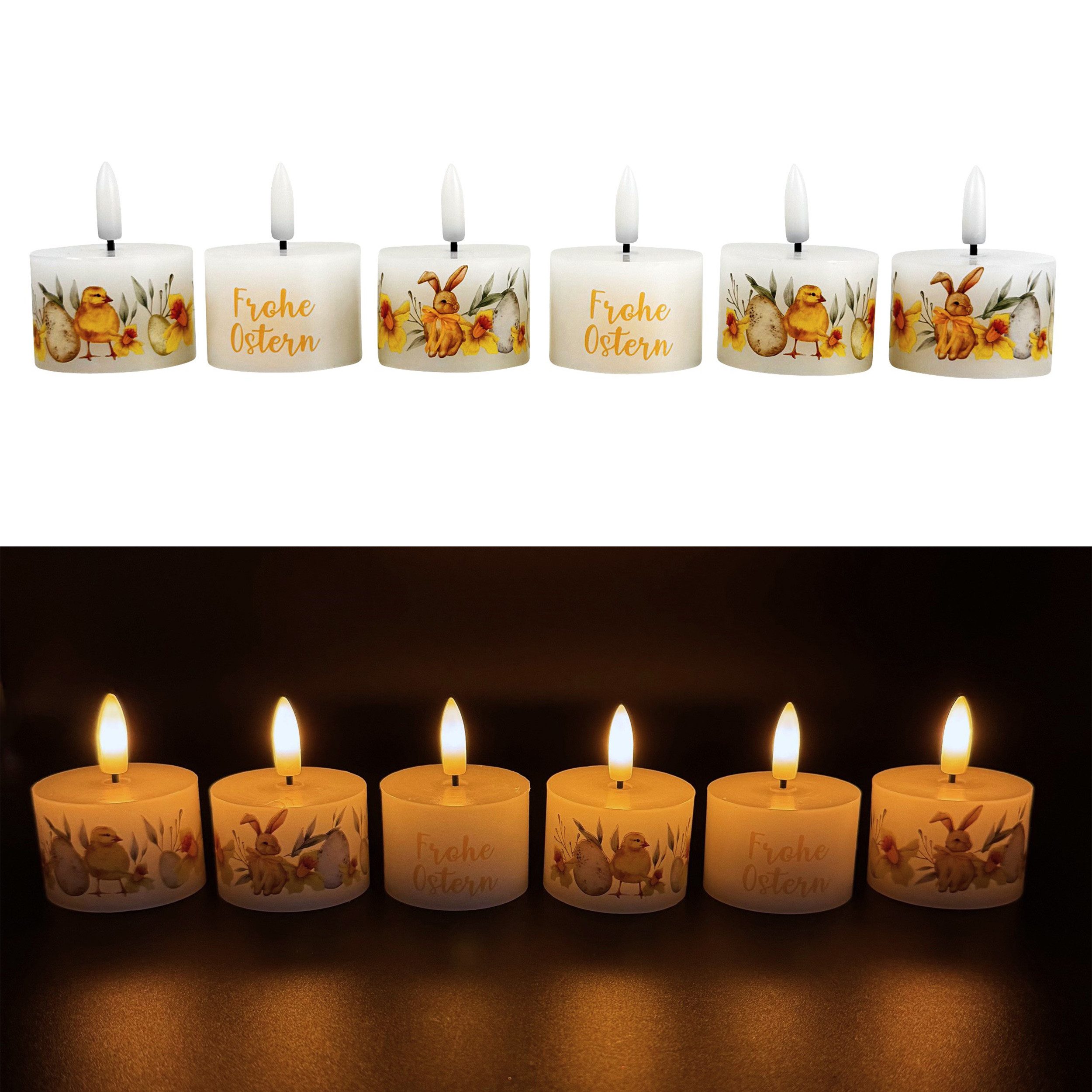 Online-Fuchs LED-Kerze - 6 LED-Teelichter mit Timer im Frühling-Design - Osterdeko (realistische Kerzenflamme, inklusive Geschenkverpackung), inklusive praktischer 6-Stunden Timerfunktion