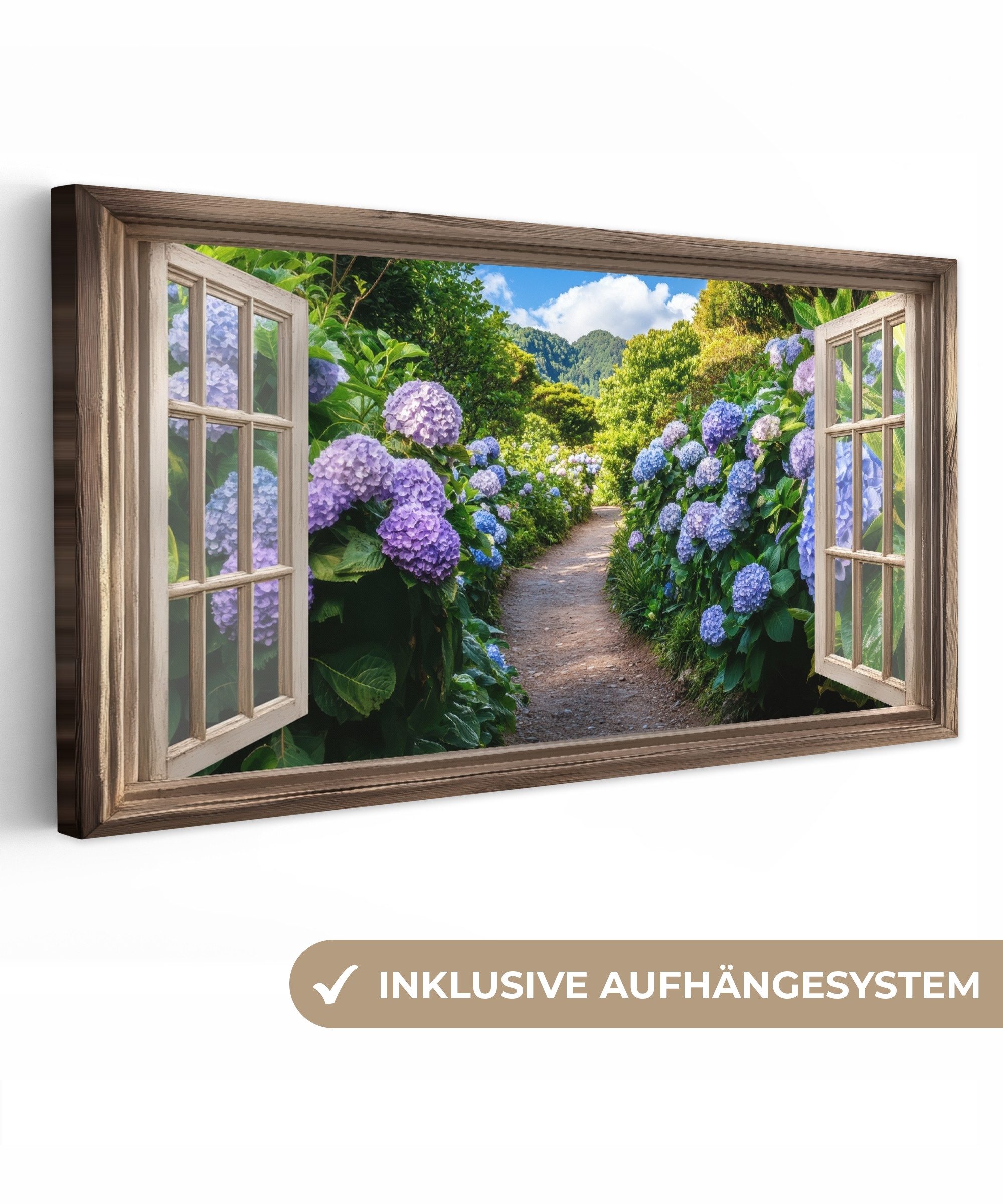 OneMillionCanvasses® Leinwandbild Panorama Durchblick - Hortensie günstig online kaufen