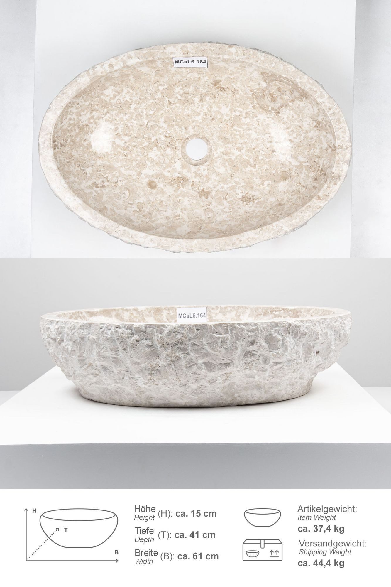 wohnfreuden Aufsatzwaschbecken Erosi Marmor Waschbecken 60 cm creme (Kein Set), 102276_MCaL6.164