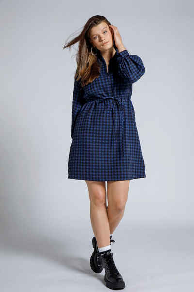 Studio Untold Jerseykleid Mini Kleid A-Line Hemdkragen Langarm Karo Muster