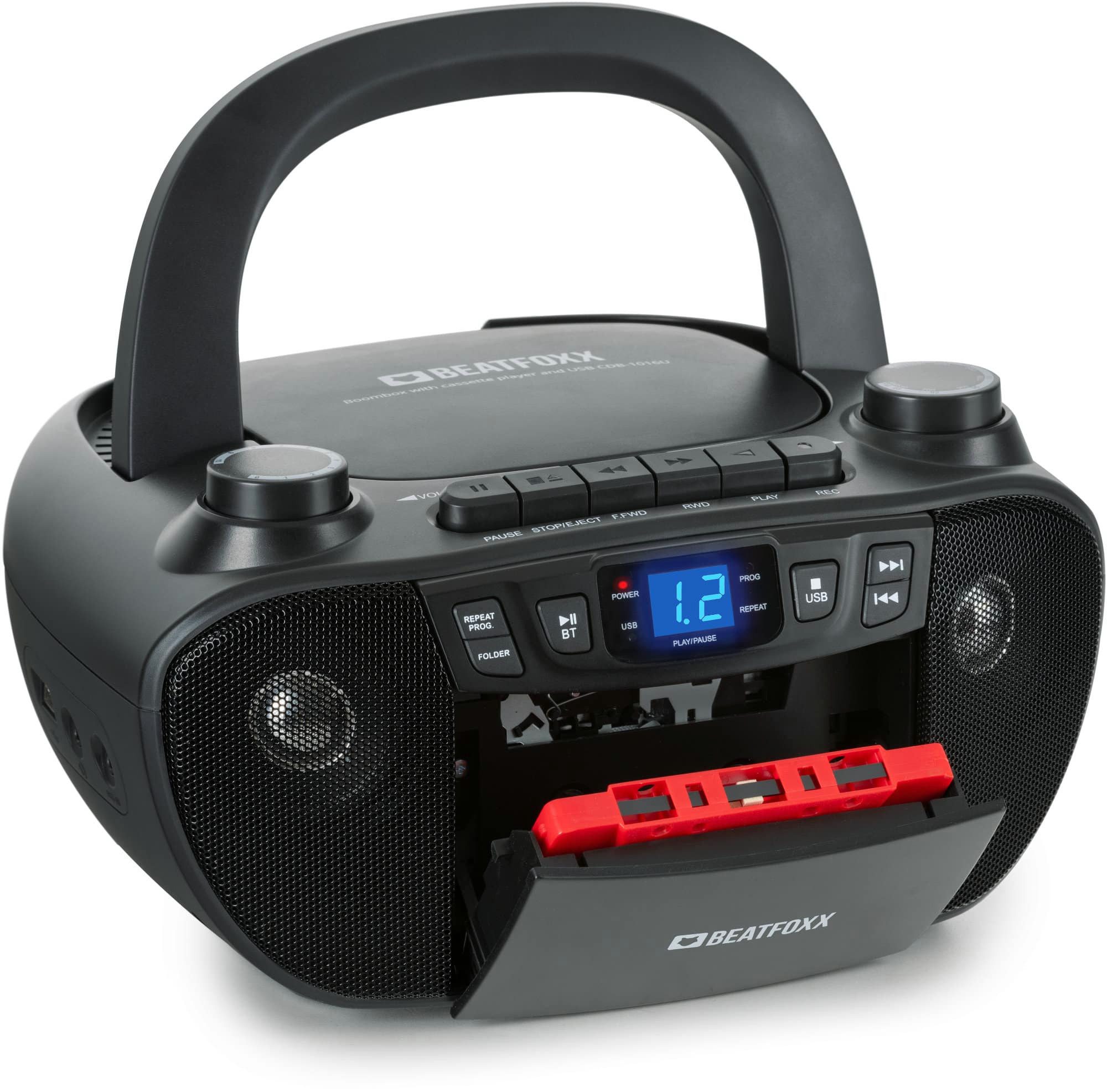 Beatfoxx CDB-1016U BK Bluetooth CD-Player, UKW/MW-Radio, USB und Kassette Boombox (2,4 W, Musikgenuss für zu Hause und unterwegs)