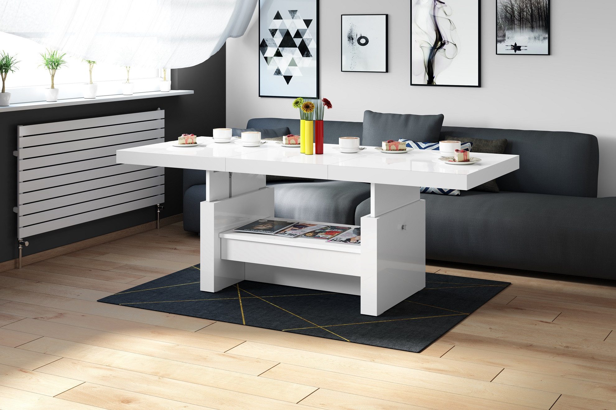 designimpex Couchtisch Aversa H-111 Weiß Hochglanz Schublade höhenverstellbar ausziehbar, Funktionstisch, Wohnzimmertisch, Tisch, Esstisch, Sofatisch, Schublade