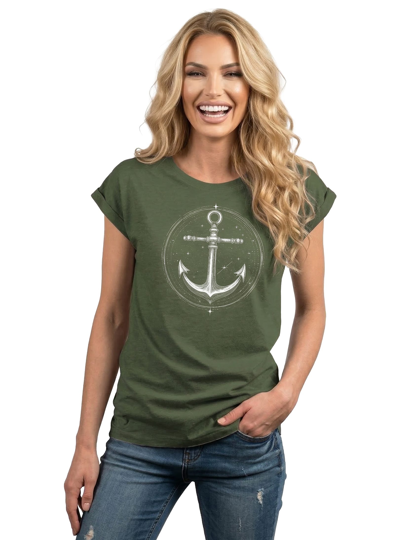 MAKAYA Kurzarmshirt mit Anker Damen Top Ankermotiv Tattoo Print Maritim Elegant (Schwarz, Blau, Grau, Grün, 34, 36, 38, 40, 42, 44, 46, 48, 50) Baumwolle