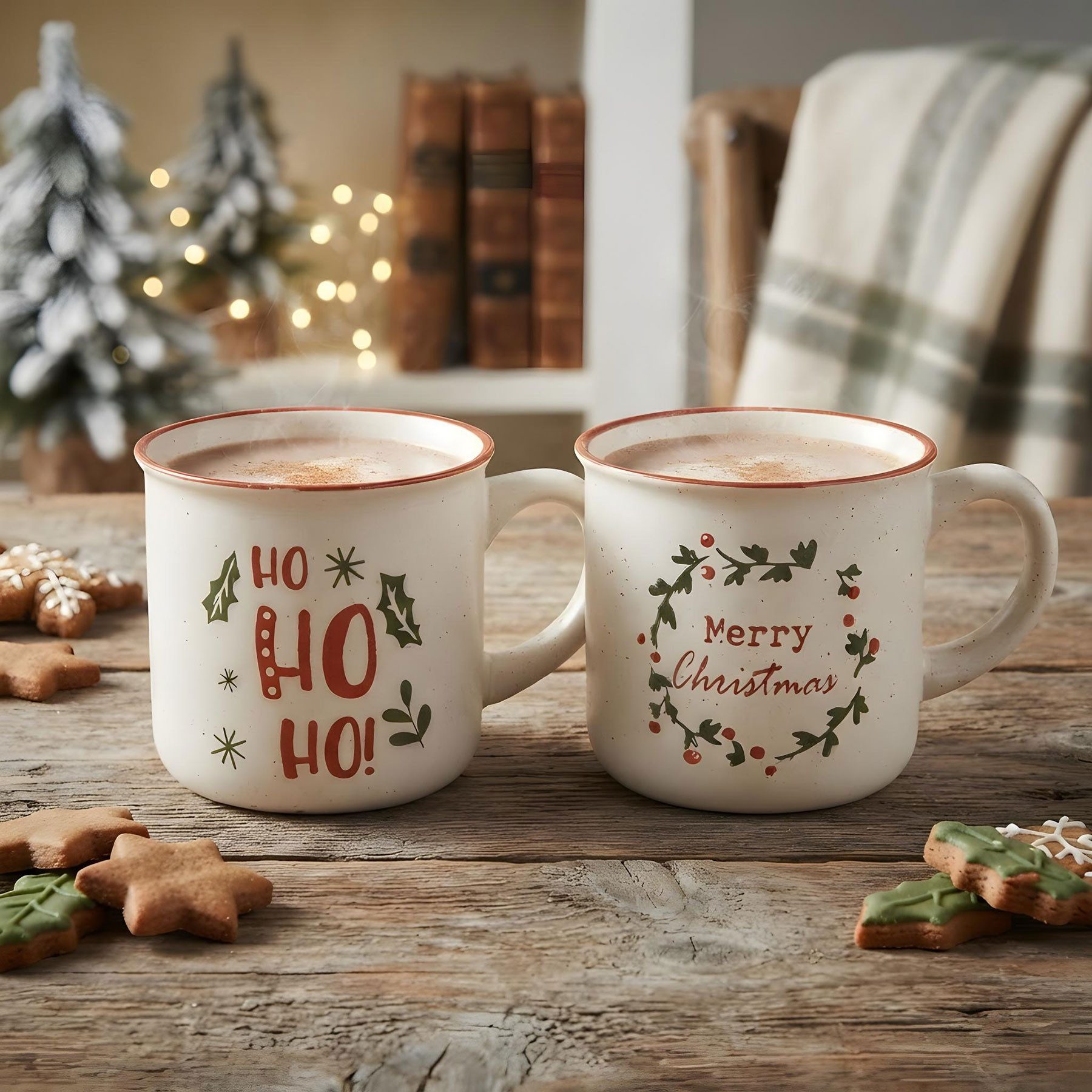 Levandeo® Tasse 2er Set Tassen Weihnachten HoHoHo 330ml Steingut Kaffeetasse Rot Grün, 2-tlg., Steingut