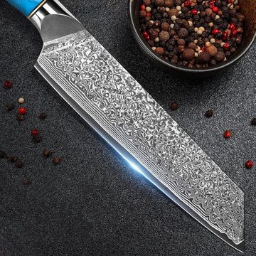 KingLux Damastmesser Damast Kiritsuke Küchenmesser aus VG10 Damaststahl Blau Harzgriff
