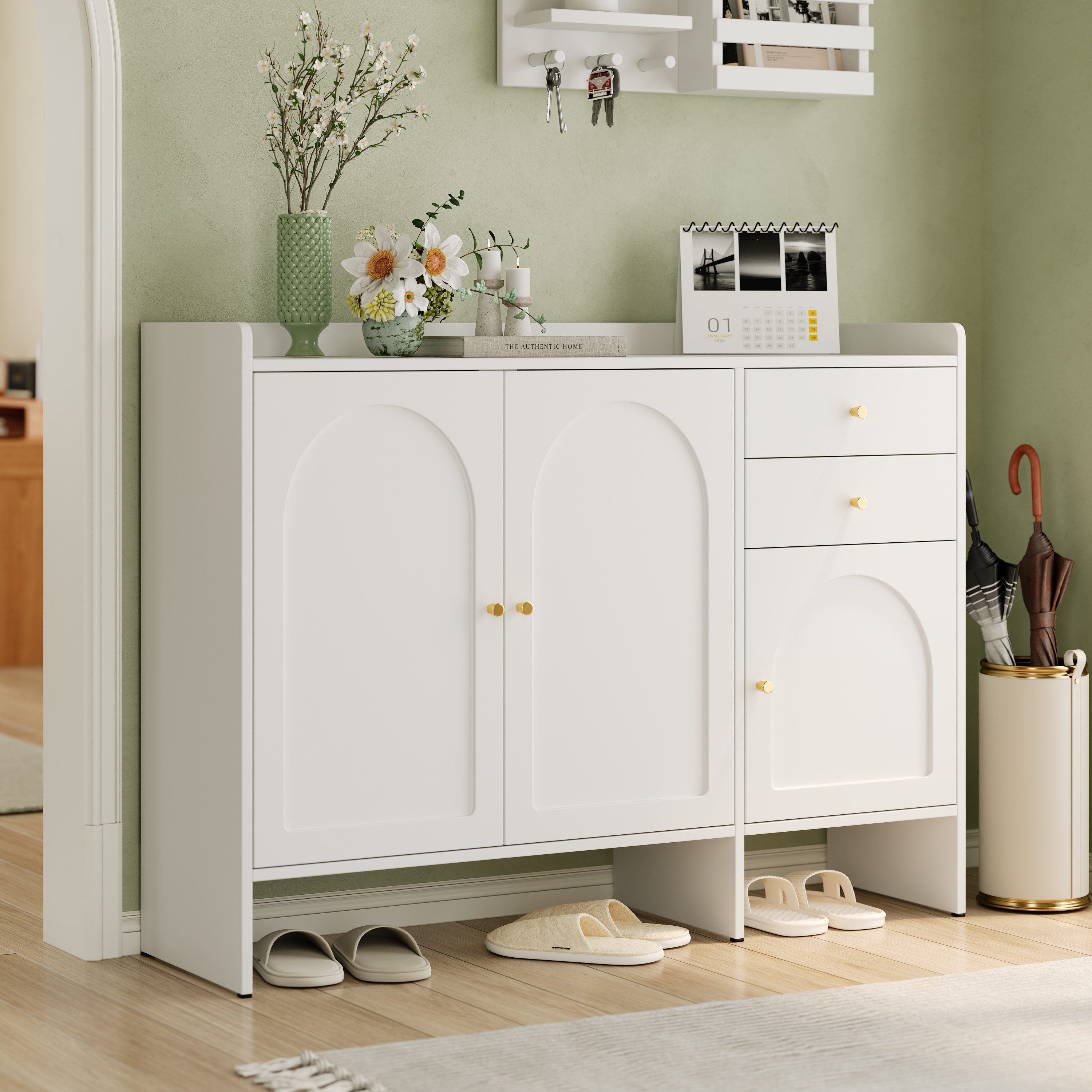 Flieks Kommode mit Arbeitsplatte, 2 Schubladen und verstellbarer Einlegeböden (Schrank für Wohnzimmer/Flur/Esszimmer/Schlafzimmer, 1 St., B120/H90/T35 cm), Mehrzweckschrank Schuhschrank Küchenschrank Weiß