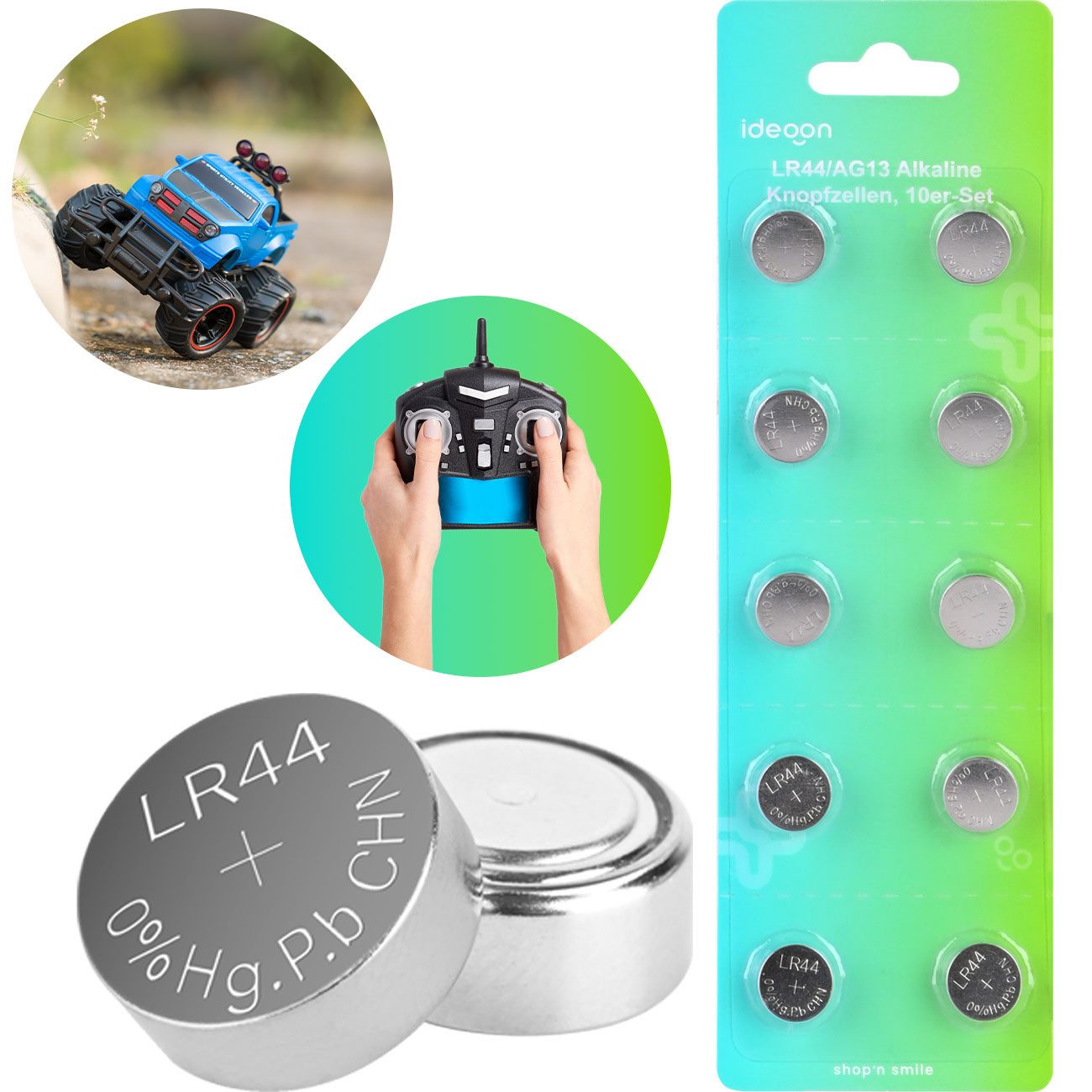 shop'n smile ideoon LR44 AG13 Alkaline-Knopfzellen (1,5V, 145 mAh), hohe Kapazität Knopfzelle, (10 St), Ideal für Fernbedienungen, Taschenrechner, Uhren, u.v.m.
