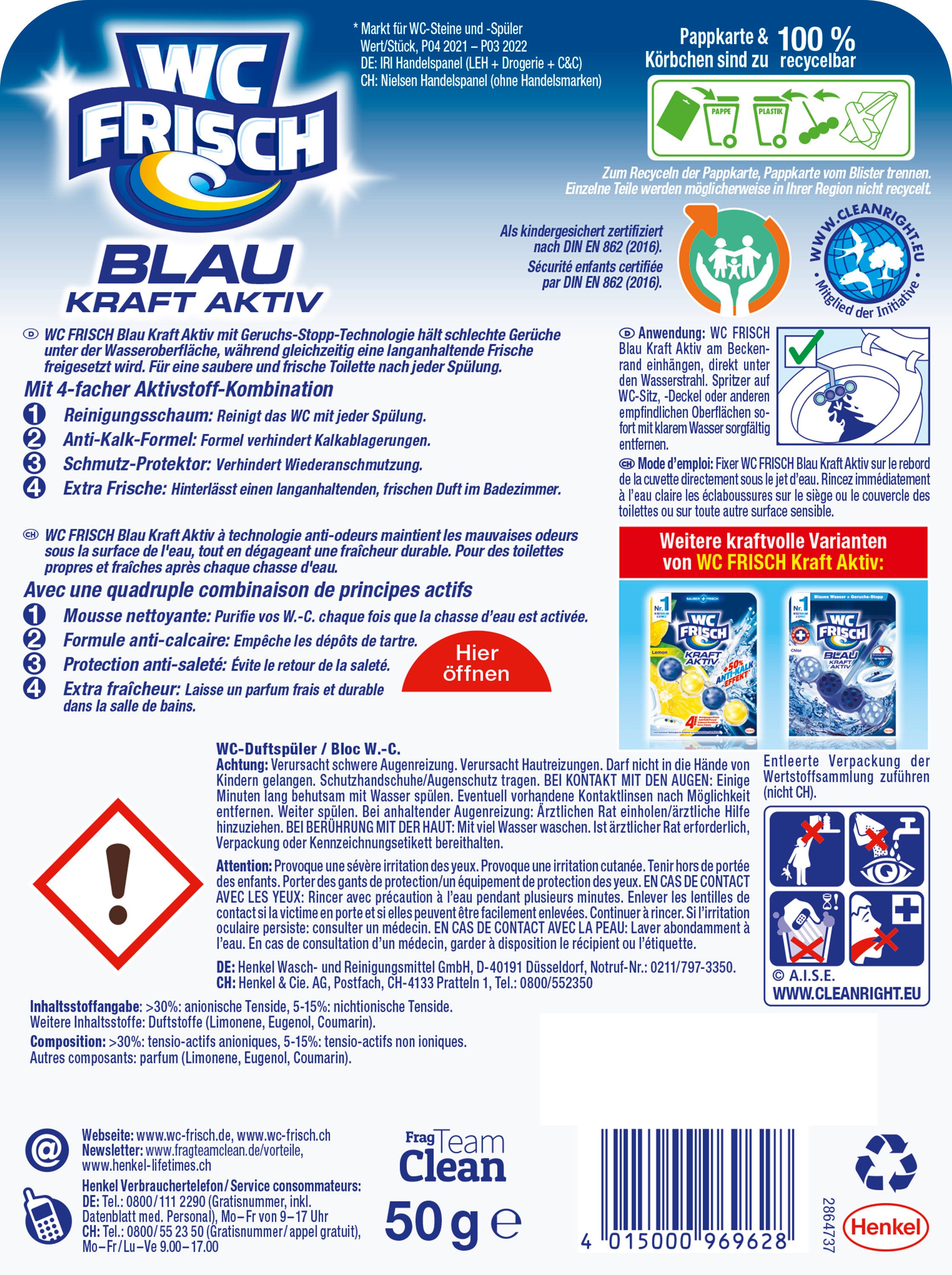WC Frisch WC FRISCH Blauspüler Kraft-Aktiv Ozeanfrische WC 50g WC-Reiniger (1-St. Farbspüler mit Anti-Kalk-Formel für 50% mehr Glanz)