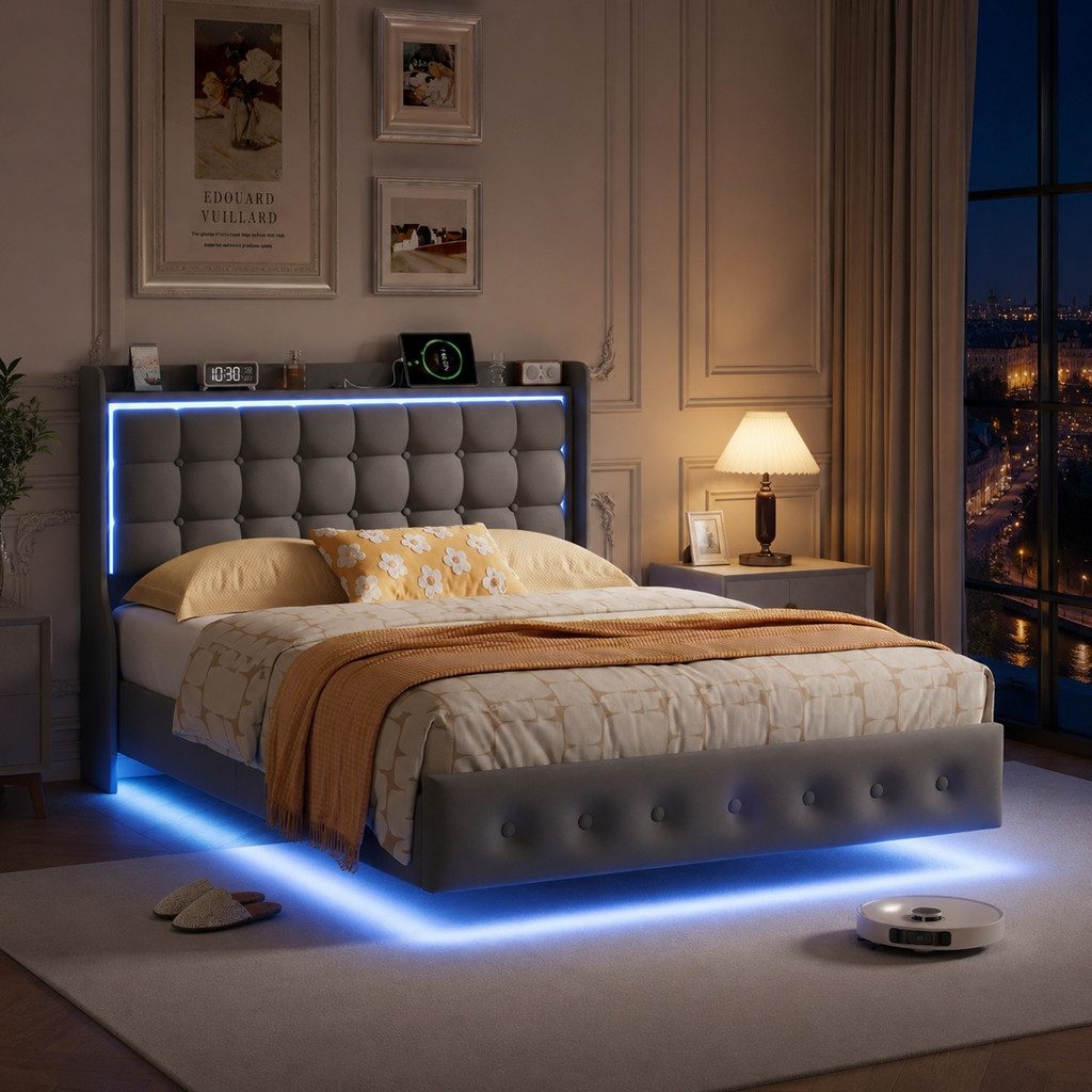 Simurq Polsterbett Schwebebett 140x200 cm mit LED-Beleuchtung und USB, Doppelbett (1 tlg., Funktionsbett mit Lattenrost, Samt), Jugendbett mit Kopfteil, Schwebender visueller Effekt