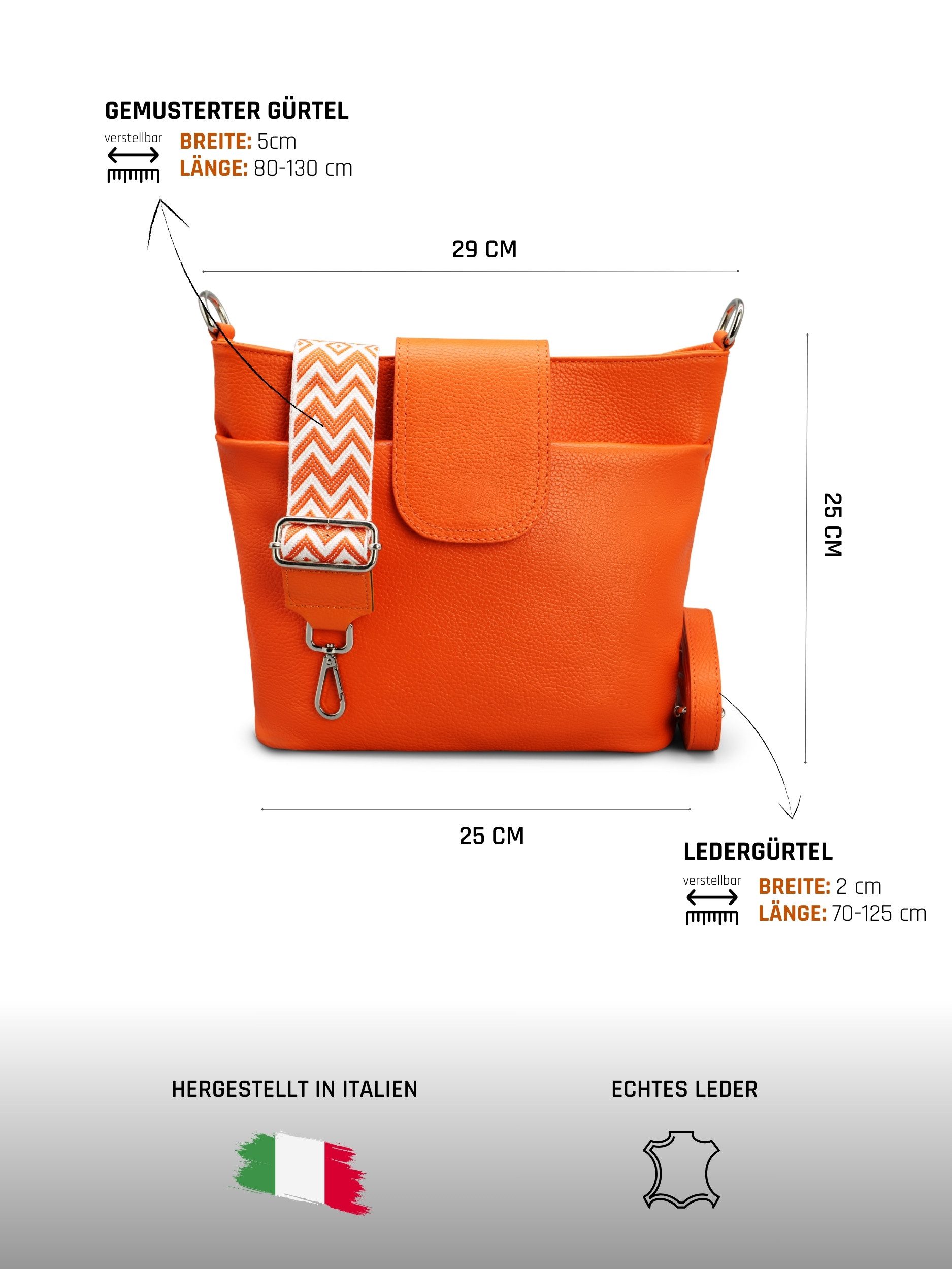 Adel Bags Schultertasche SARA Umhängetasche für Damen, Schultertasche aus Echtleder, 20 Farboptionen, Hergestellt in Italien, mit 2 Riemen