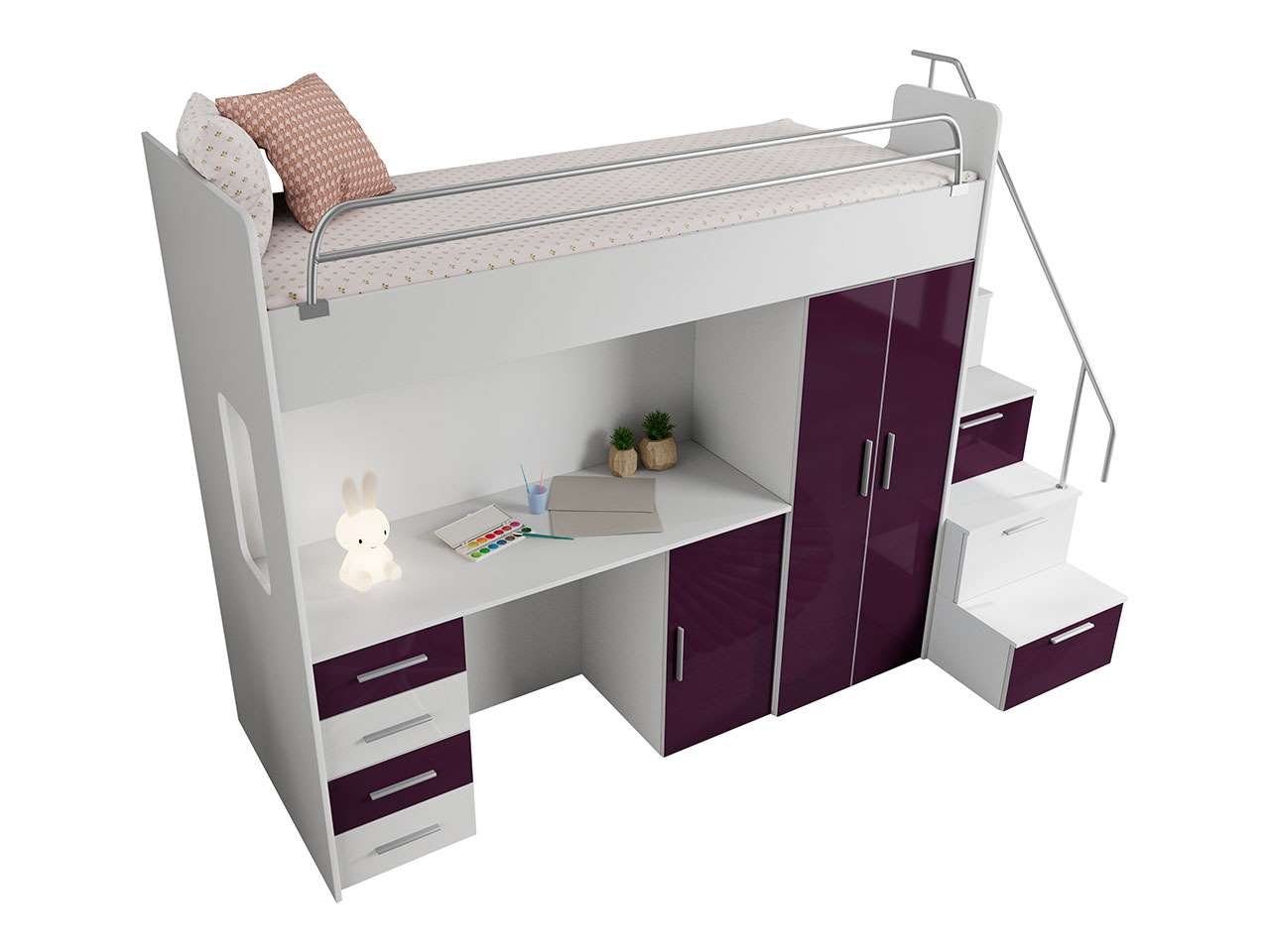 Jugendmöbelset Schließfächern), (Bett, mit Schrank Etagenbett, Schreibtisch, Kleiderschrank, Treppe MÖBEL 4S Violett und EDEN Schreibtisch MKS mit Jugendbett