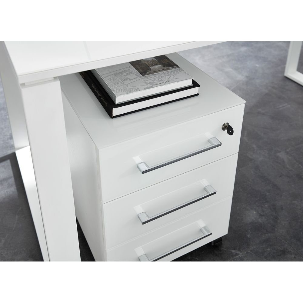 Lomadox Schreibtisch MONTERO-01, weiß mit Container 210x120x37 mit : cm Glasfronten