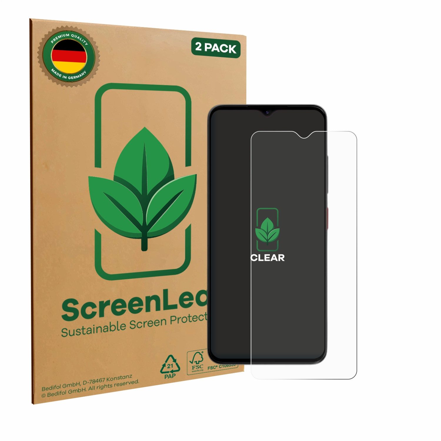 ScreenLeaf Displayschutzfolie Schutzfolie für ZTE Blade A35e, 2 Stück, nachhaltiger Displayschutz Schutz Folie Klar Transparent