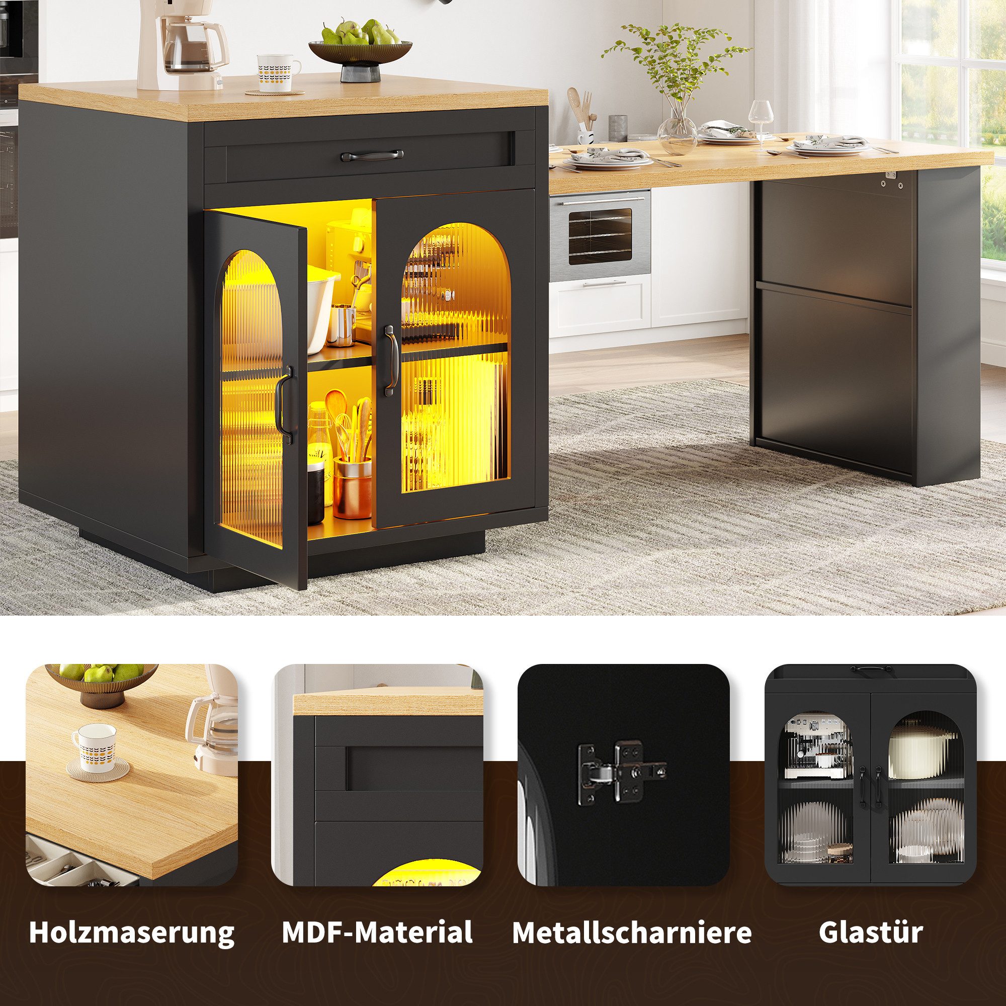 i@home Kücheninsel Ausziehbare Kücheninsel mit LED-Beleuchtung, (Moderner Küchenschrank mit 2 Schubladen), MDF-Küchenarbeitsplatte für Essbereich, Verstellbare  – Bild 3 von 5