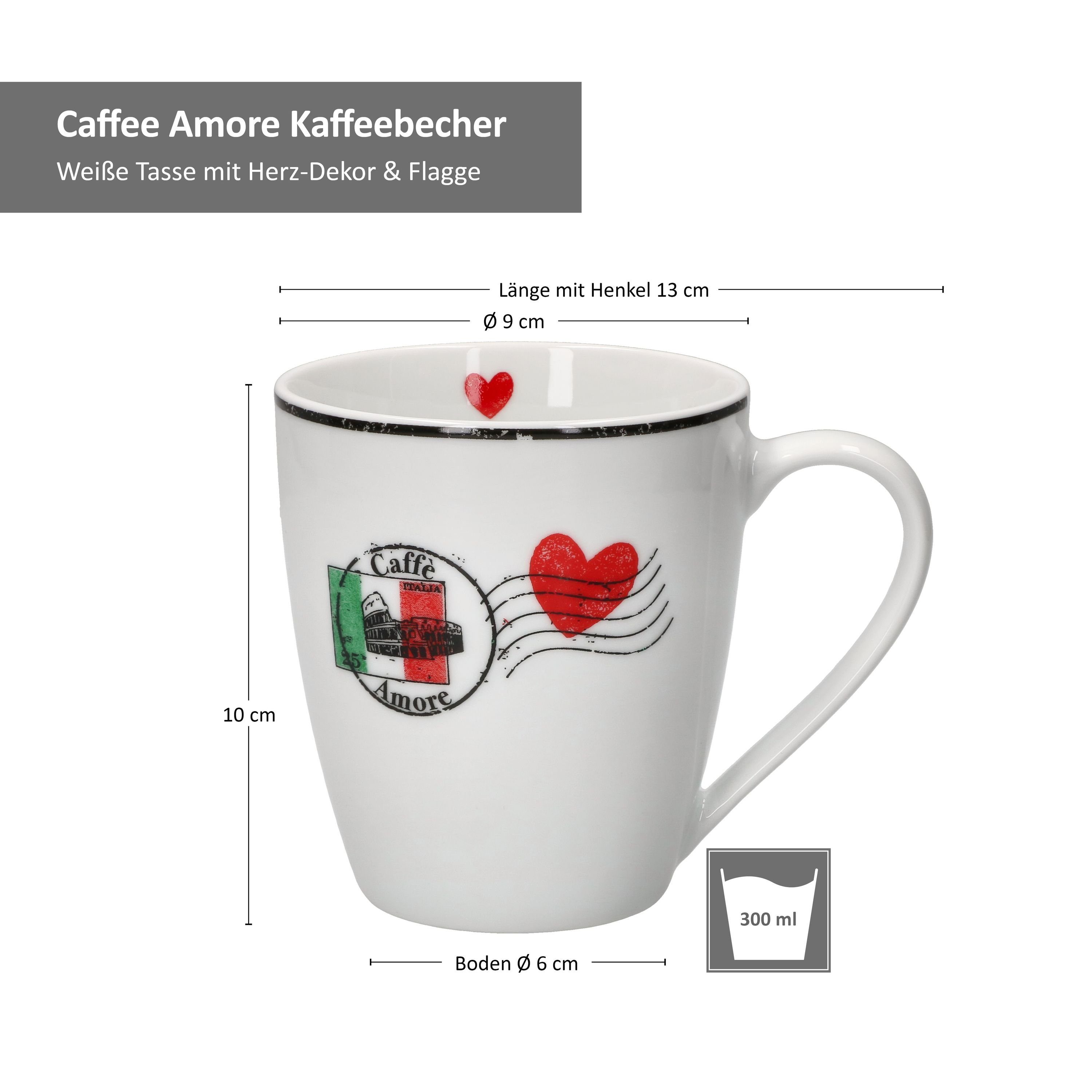 MamboCat Becher Caffee Amore Herz Pott 300ml Set Porzellan Mug Tee-Tasse Tea, Kaffeebecher 6er