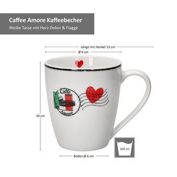 MamboCat Becher Caffee Amore 6er Set Kaffeebecher 300ml Tee-Tasse Pott Herz Mug Tea, Porzellan