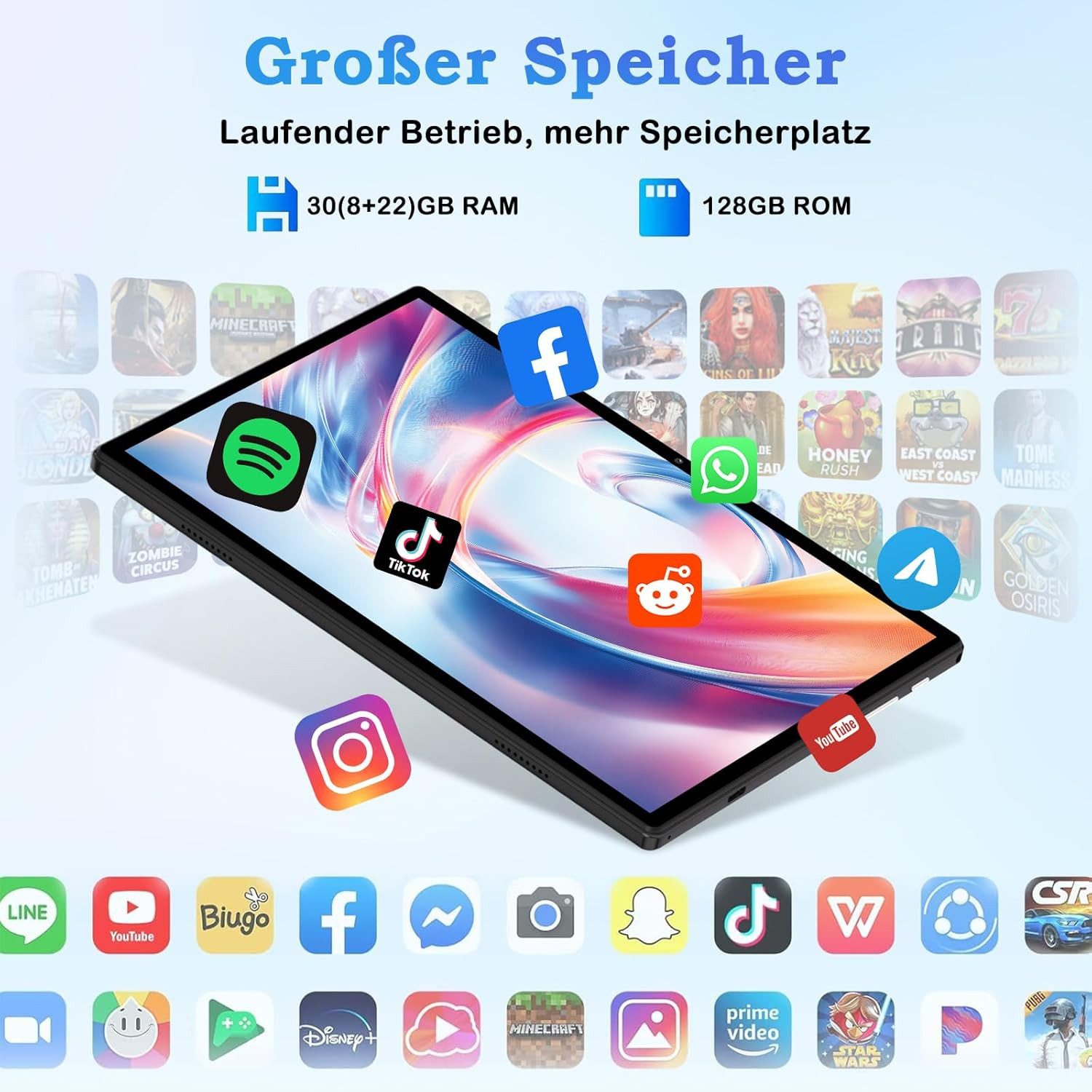 Zevelora Gemini AI 8 GB RAM 5G WLAN, Octa-Core 2.0GHz, Widevine L1 Gaming Tablet (10", 128 GB, Android 15, 5G WLAN, Mit den besten und erstaunlichsten Funktionen, attraktivem Design)