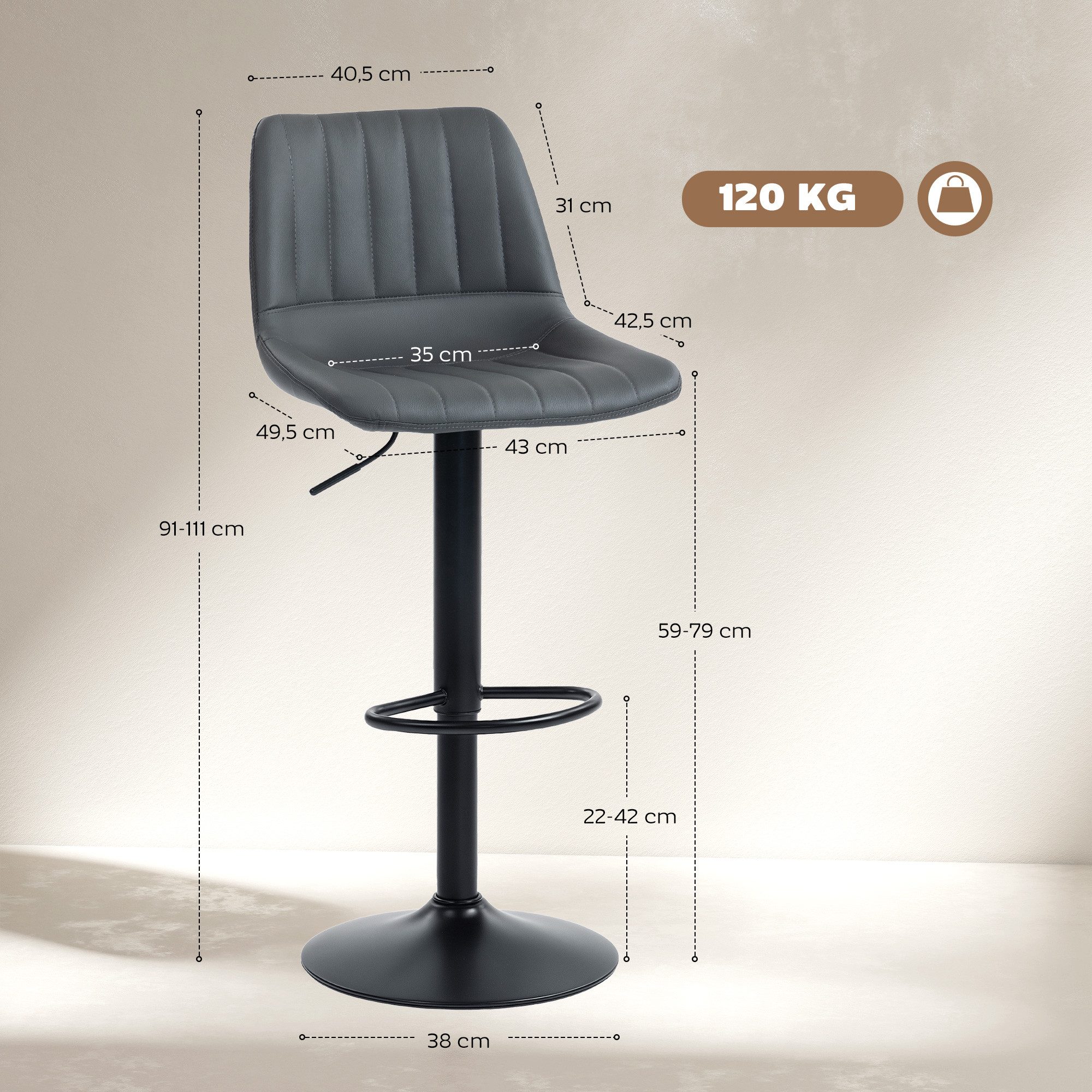 HOMCOM Barhocker mit Fußstütze, Lehne (Höhenverstellbar Tresenhocker, 2 St., 360° Drehbar Gepolstert Barstuhl), für Küche, Wohnzimmer, Esszimmer Dunkelgrau