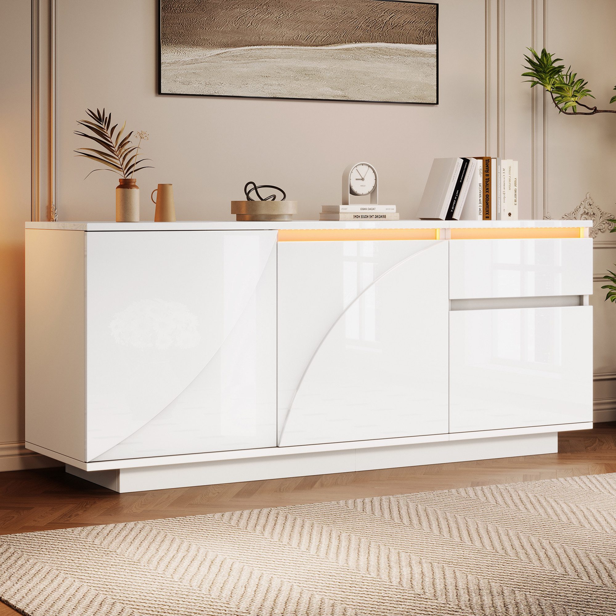 Odikalo Sideboard Kommode mit LED (140*40*60cm Seitenschrank mit 3 Schränken,kommode mit LED,Sideboard mit 1 Schublade,Schränke mit verstellbaren Einlegeböden,Hochglanz-Wohnzimmerschrank,MDF, weiß)