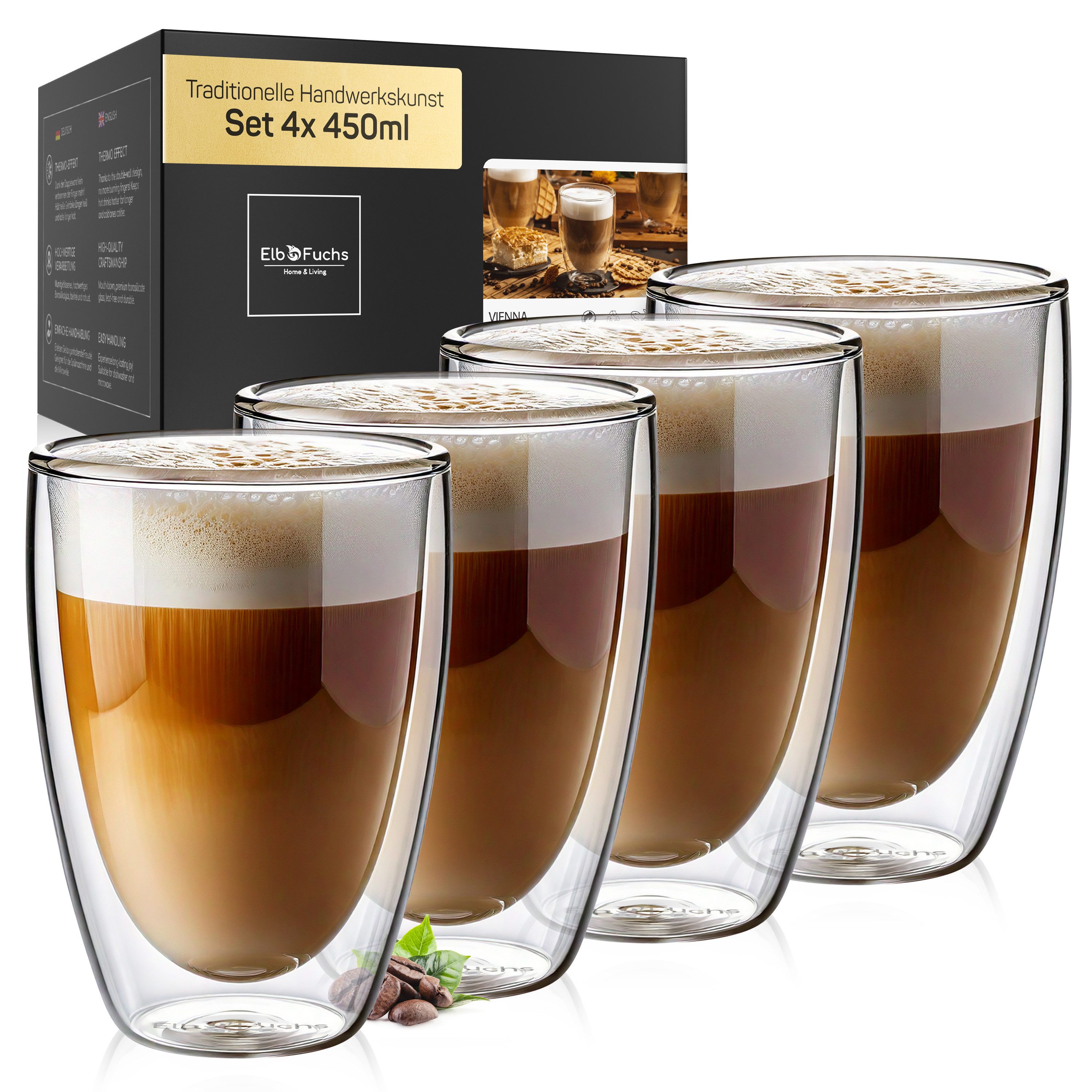 ElbFuchs Latte-Macchiato-Glas Vienna, 4-tlg., Doppelwandiger Thermoeffekt