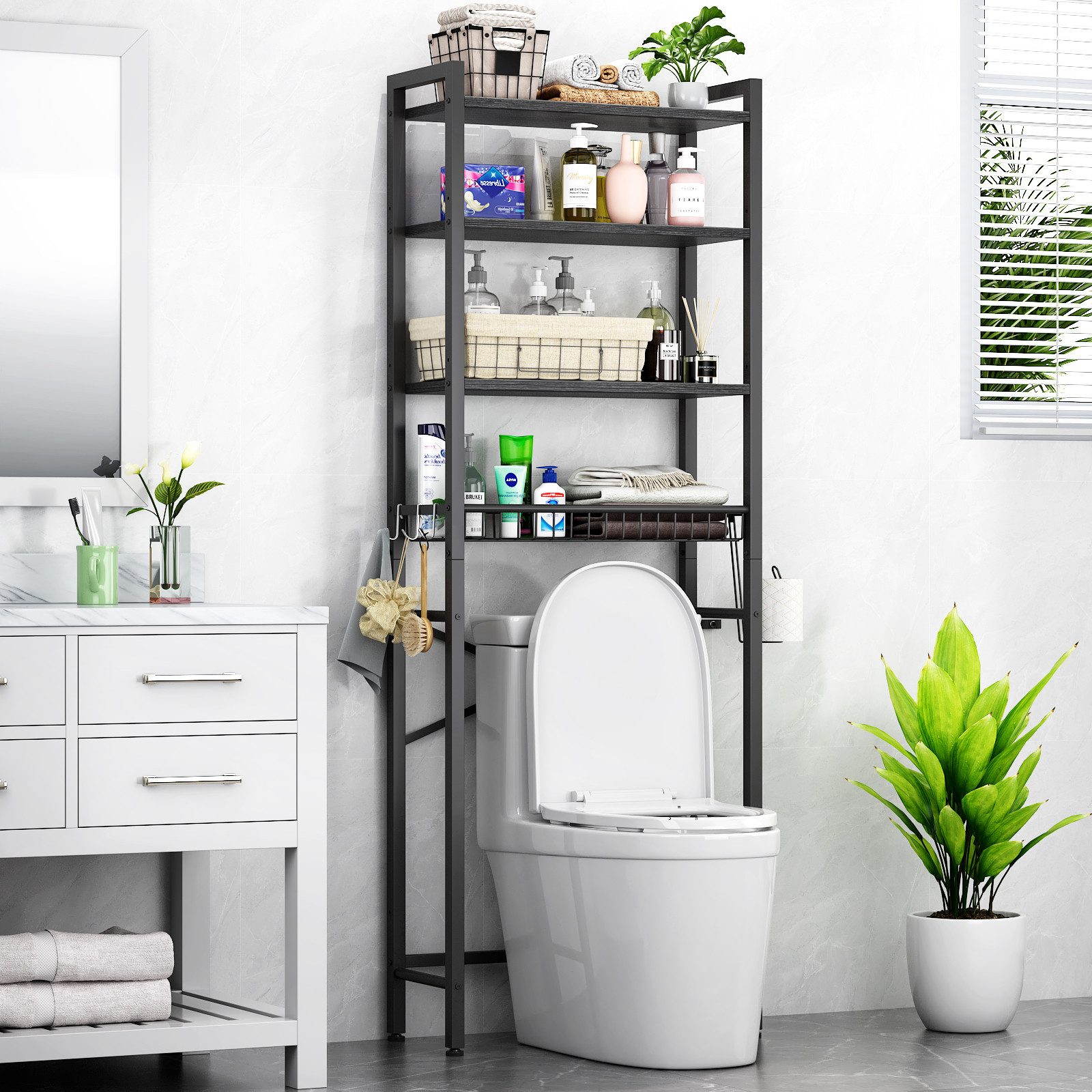 Kalrin Badregal Toilettenregal Regal Über der Toilette mit Aufbewahrungskörben, für Geräte bis 56 cm Breite,173 x 56 x 24cm