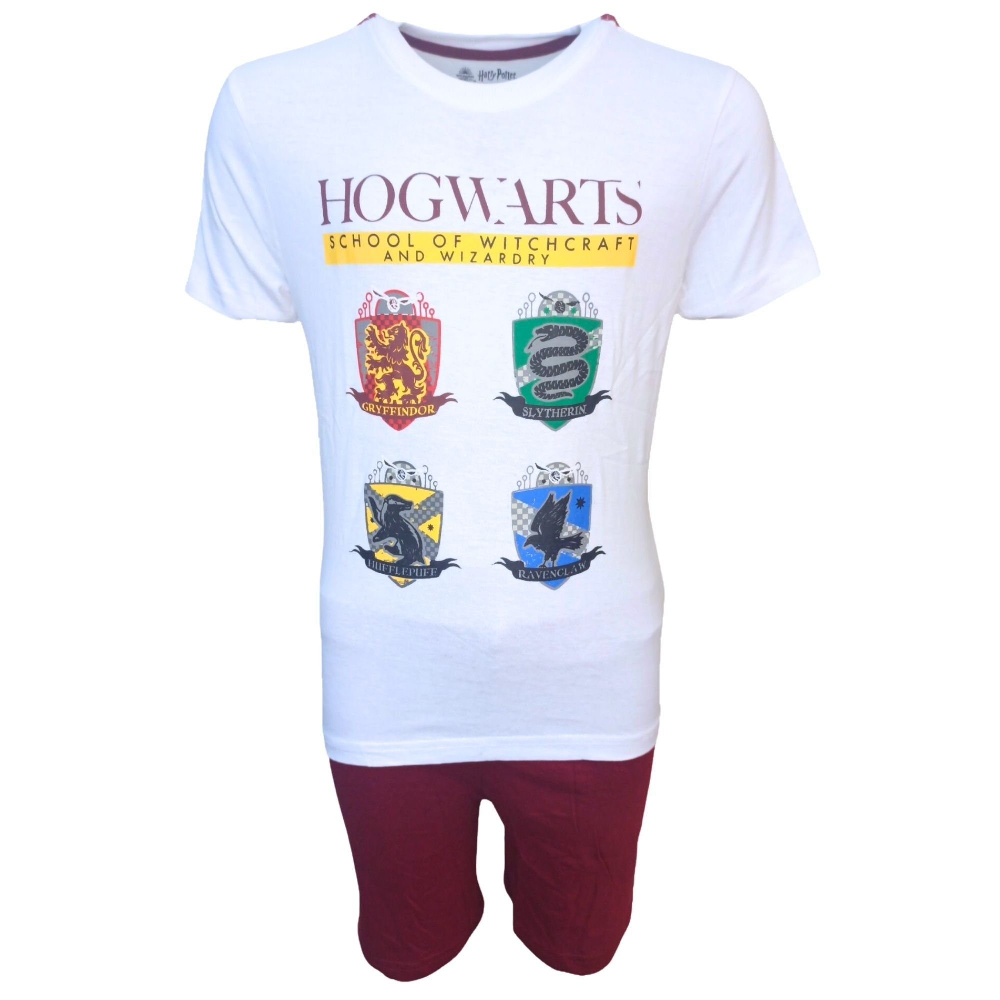 Harry Potter Schlafanzug HOGWARTS (2 tlg) Jungen Pyjama kurz - Shorty Gr. 134-164 cm Weiß-Bordeaux